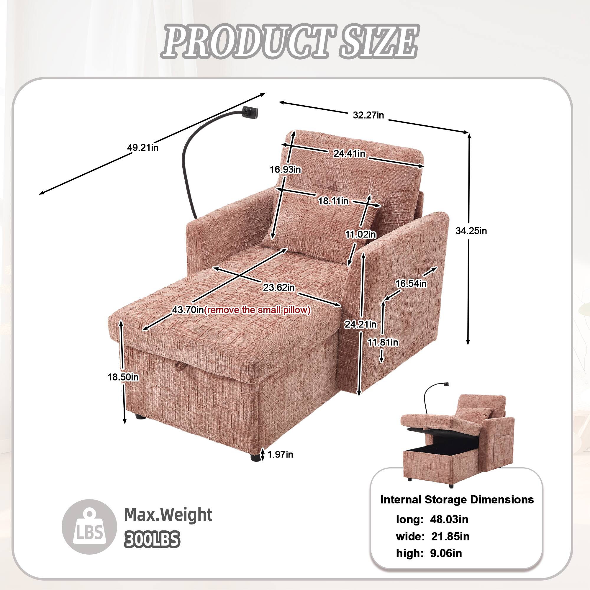 PRODUCT SIZE

- 32.27in
- 49.21in
- 16.93in
- 24.41in
- 18.11in
- 11.02in
- 34.25in
- 23.62in
- 16.54in
- 43.70in (remove the small pillow)
- 24.21in
- 11.81in
- 18.50in
- 1.97in

Max. Weight: 300LBS

Internal Storage Dimensions:
- long: 48.03in
- wide: 21.85in
- high: 9.06in