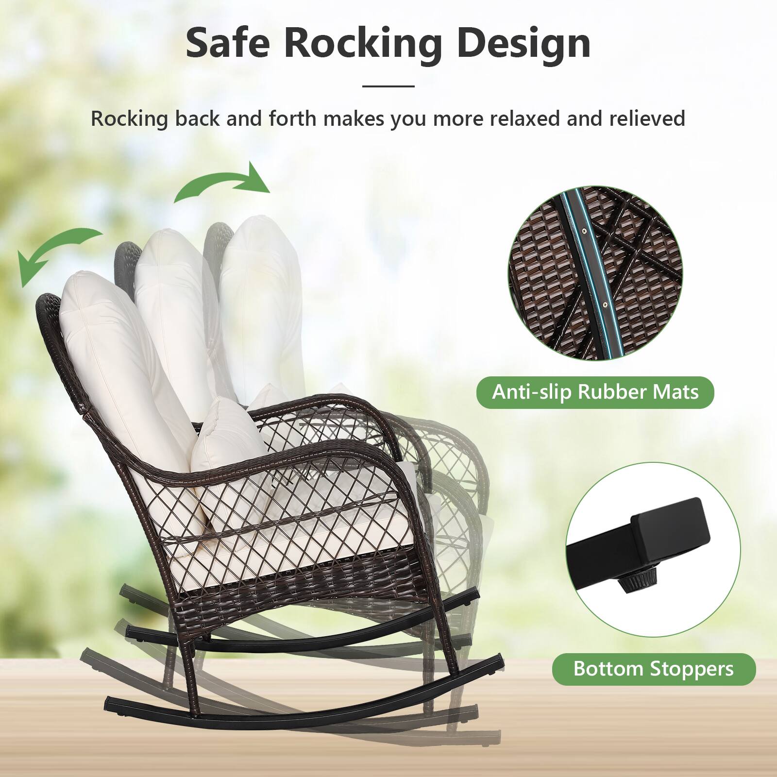 Safe Rocking Design

Rocking back and forth makes you more relaxed and relieved

Anti-slip Rubber Mats

Bottom Stoppers