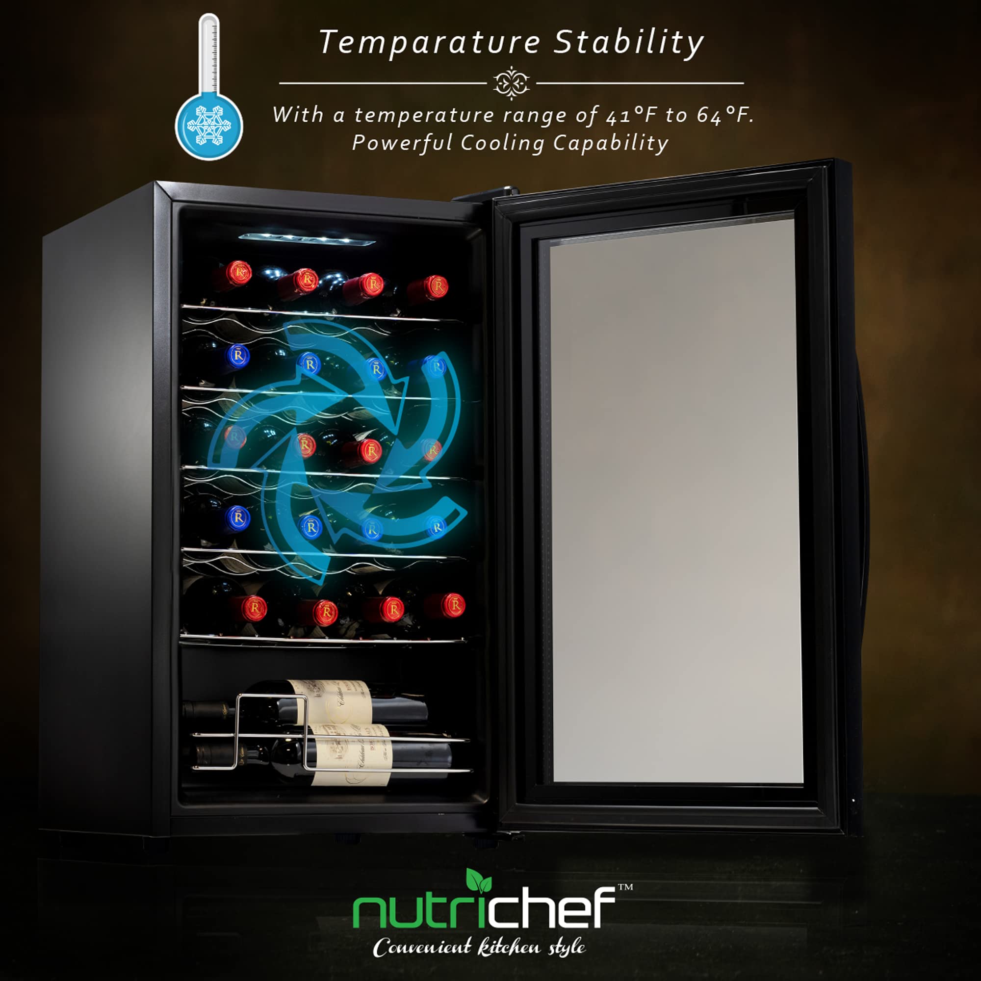 Temperature Stability  
With a temperature range of 41°F to 64°F.  
Powerful Cooling Capability  

nutrichef  
Convenient kitchen style