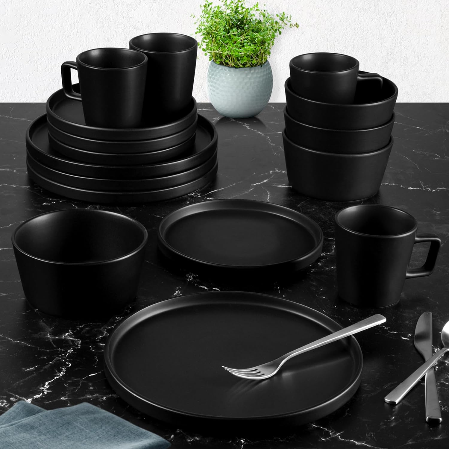 Alt View 1. Zulay Kitchen - Zulay Kitchen Terra Plates and Bowls Sets - 16 Piece Modern Stoneware Dish Set for 4 - Black.