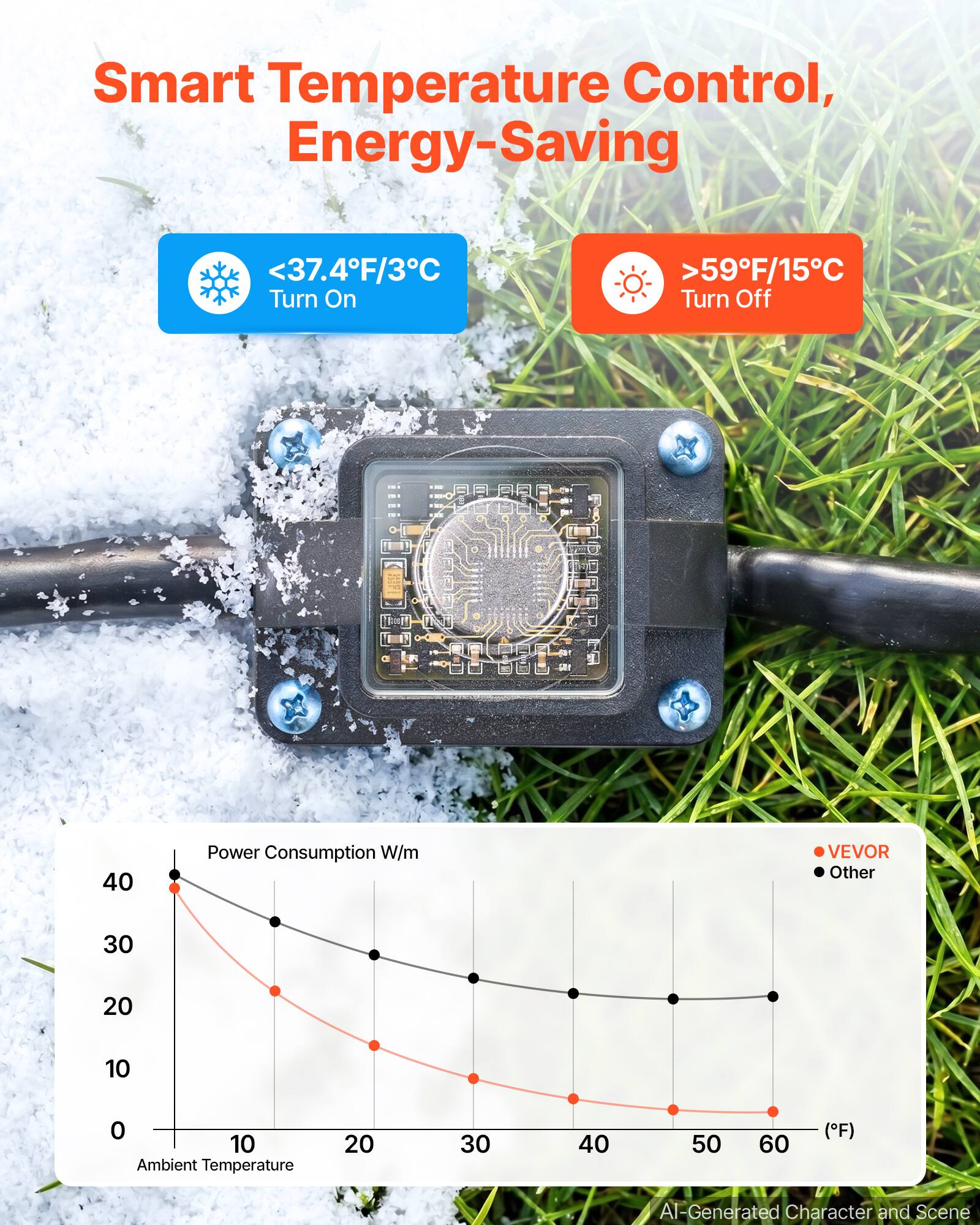 Smart Temperature Control, Energy-Saving

<37.4°F/3°C Turn On
>59°F/15°C Turn Off

Power Consumption W/m

VEVOR
Other

Ambient Temperature (°F)

AI-Generated Character and Scene