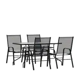 Emma + Oliver - Five Piece Patio Table Set with Metal Table with Tempered Glass Top and 4 Flex Comfort Stacking Chairs - Black