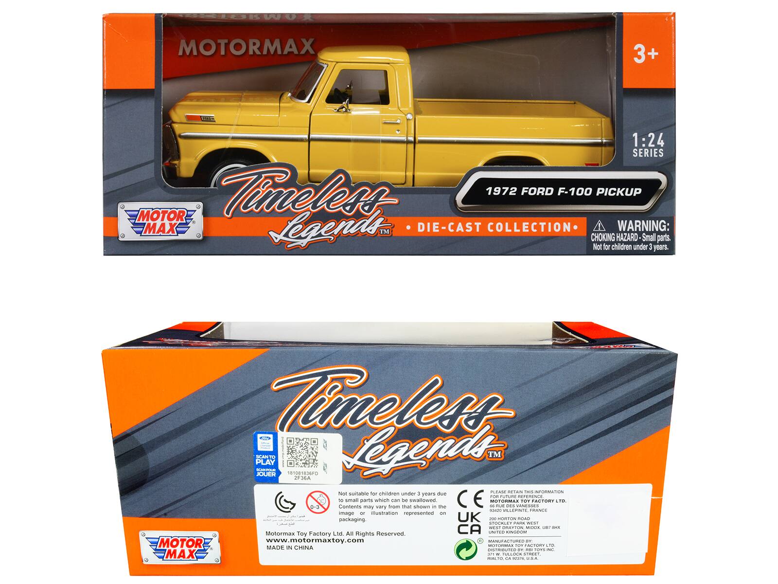 **Front of the Box:**

- **Top Left Corner:** MOTOR MAX
- **Top Right Corner:** 3+
- **Main Text:** Timeless Legends™
- **Below Main Text:** 1972 FORD F-100 PICKUP
- **Below Pickup Image:** DIE-CAST COLLECTION
- **Right Side:** 1:24 SERIES
- **Warning Label:** WARNING: CHOKING HAZARD - Small parts. Not for children under 3 years.

**Back of the Box:**

- **Top Left Corner:** MOTOR MAX
- **Main Text:** Timeless Legends™
- **Below Main Text:** DIE-CAST COLLECTION
- **QR Code and Barcode:** 18101835FD 2F36A
- **Warning Label:** WARNING: CHOKING HAZARD - Small parts. Not for children under 3 years.
- **Text Below Warning:** Not suitable for children under 3 years due to small parts which can be swallowed.
- **Text Below Warning:** Contents may vary from that shown in the image or illustration represented on packaging.
- **Text Below:** Please retain this information for future reference.
- **Text Below:** Not suitable for children