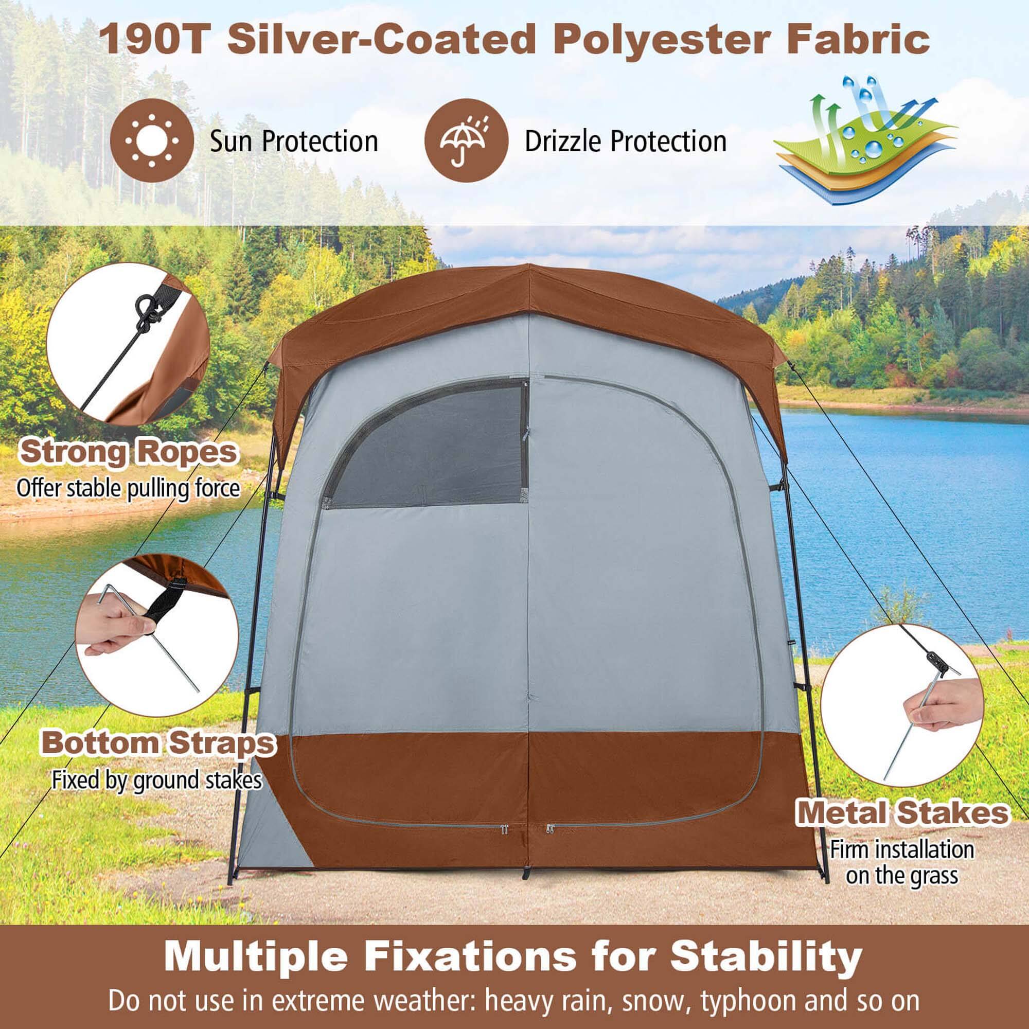 190T Silver-Coated Polyester Fabric  
- Sun Protection  
- Drizzle Protection  

Strong Ropes  
- Offer stable pulling force  

Bottom Straps  
- Fixed by ground stakes  

Metal Stakes  
- Firm installation on the grass  

Multiple Fixations for Stability  
- Do not use in extreme weather: heavy rain, snow, typhoon, and so on