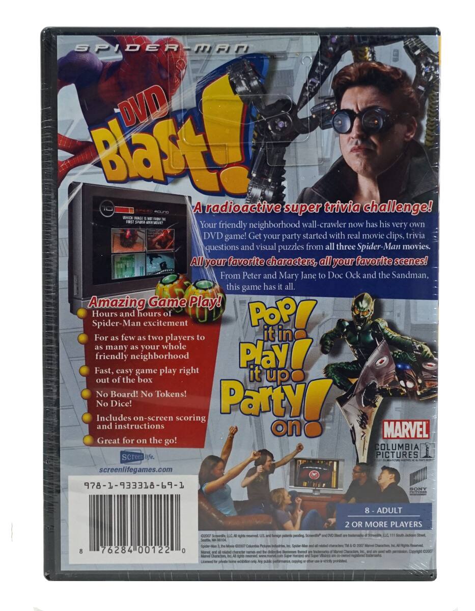 **SPIDER-MAN DVD Blast!**

**A radioactive friendly neighborhood super trivia challenge!**

Your radioactive friendly neighborhood wall-crawler now has his very own DVD game! Get your party started with real movie clips, trivia questions, and visual puzzles from all three Spider-Man movies. All your favorite characters, all your favorite scenes! From Peter and Mary Jane to Doc Ock and the Sandman, this game has it all.

**Amazing Game Play!**
- Hours and hours of Spider-Man excitement
- For as few as two players to as many as your whole friendly neighborhood
- Fast, easy game play right out of the box
- No Board! No Tokens! No Dice!
- Includes on-screen scoring and instructions
- Great for on the go!

**Pop it in! Play it up! Party on!**

**8 - ADULT**
**2 OR MORE PLAYERS**

**MARVEL**
**COLUMBIA PICTURES**

**screenlifegames.com**

**978-1-933318-69-1**

**76284 00122 0**

*Screenlife Games, LLC. All rights reserved. U.S. and foreign patents pending. "Screen