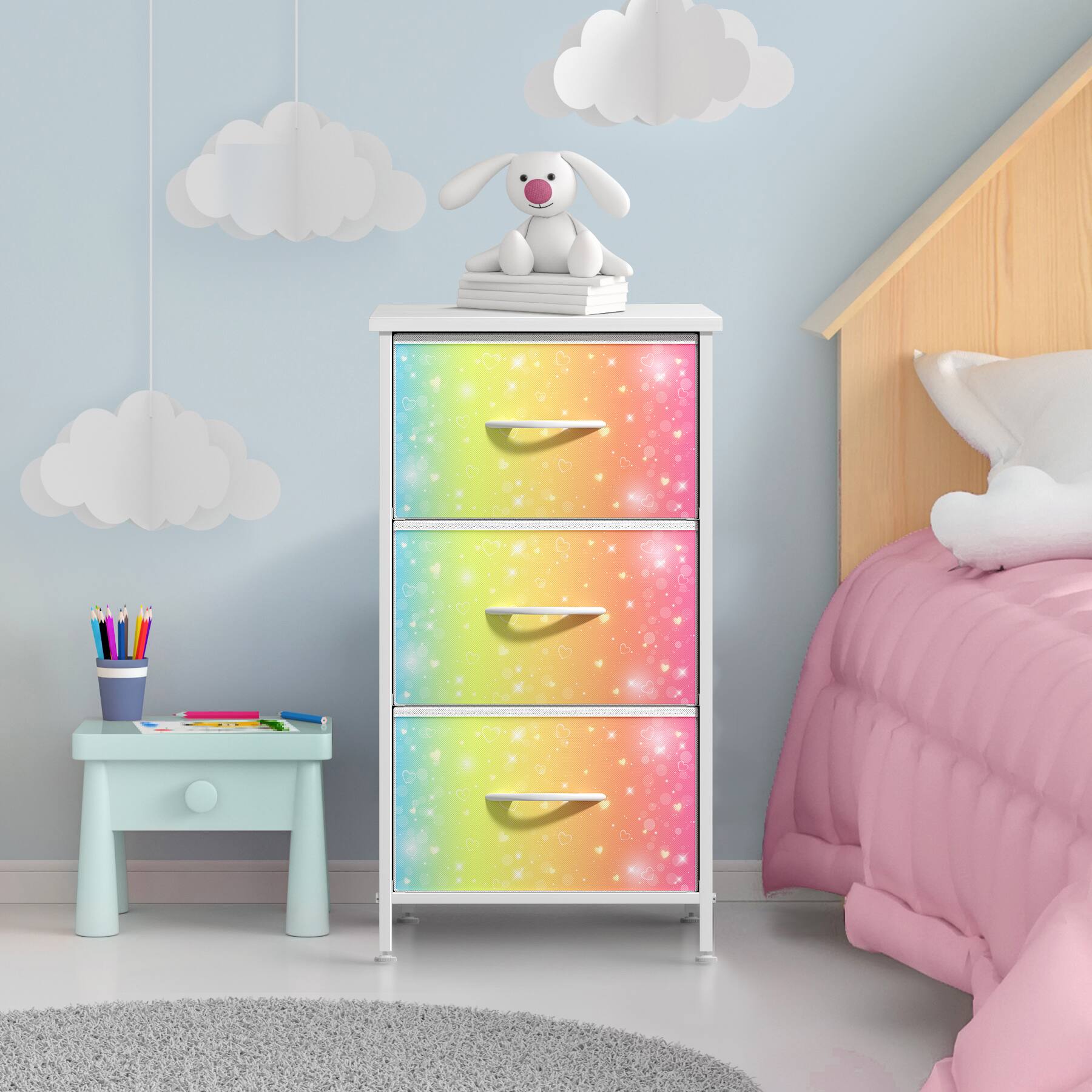 Angle. Sorbus - Sorbus Nightstand with 3 Drawers - Steel Frame, Wood Top &Fabric Bins -Home, Bedroom, Office & College Dorm, Bedside - Multicolor 2.