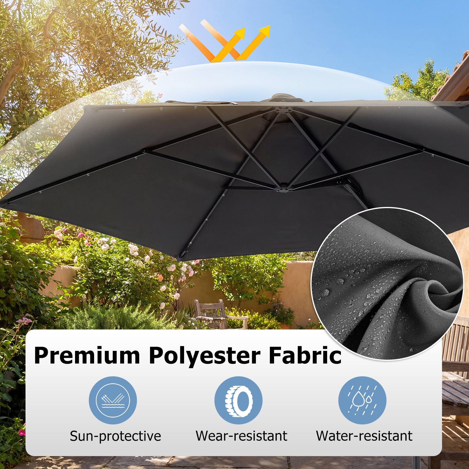 Premium Polyester Fabric  
Sun-protective  
Wear-resistant  
Water-resistant