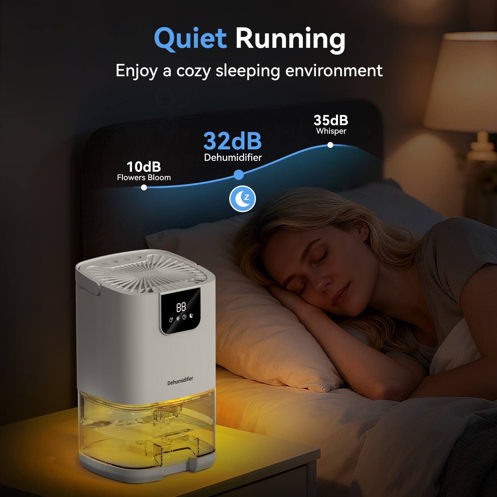 Quiet Running  
Enjoy a cozy sleeping environment  

10dB  
Flowers Bloom  

32dB  
Dehumidifier  

35dB  
Whisper