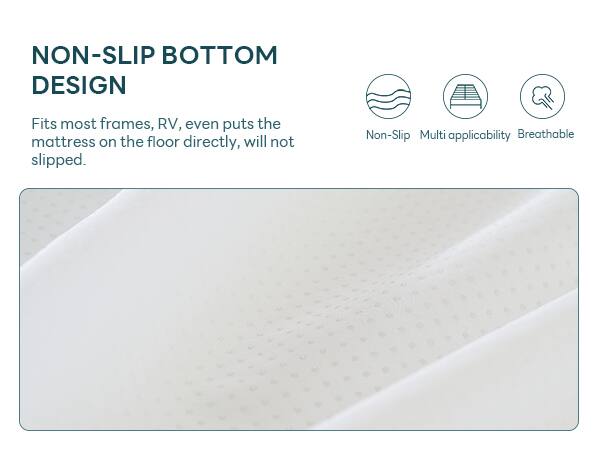 NON-SLIP BOTTOM DESIGN

Fits most frames, RV, even puts the mattress on the floor directly, will not slipped.

Non-Slip Multi applicability Breathable