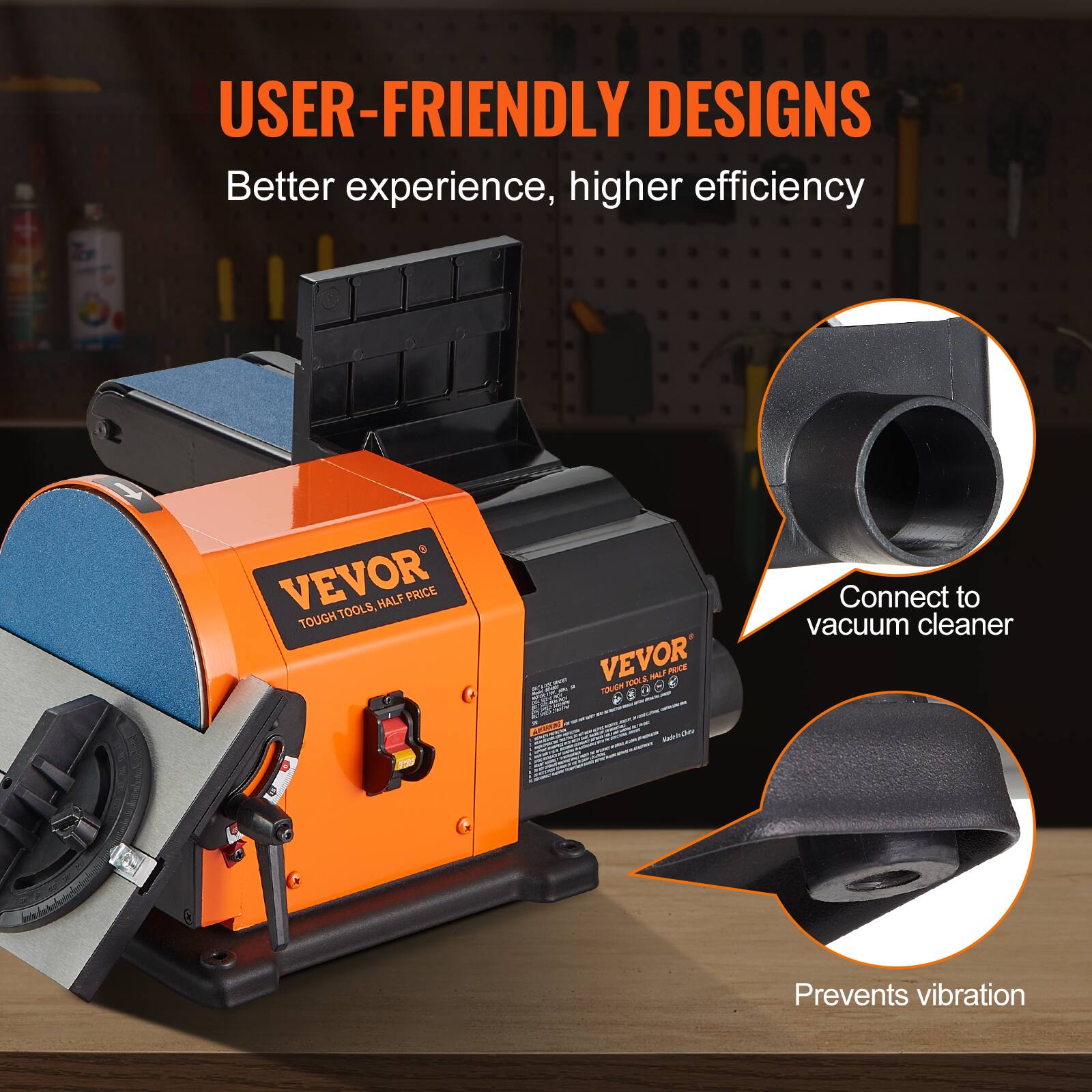 USER-FRIENDLY DESIGNS  
Better experience, higher efficiency

VEVOR TOUGH TOOLS, HALF PRICE

Connect to vacuum cleaner  
Prevents vibration