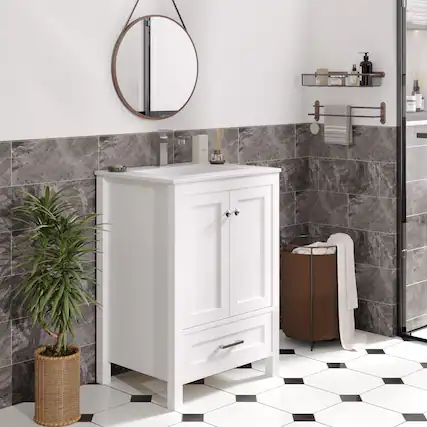 Front. U-HOMY - Modern Bathroom Vanity with Ceramic Sink, Soft-Close Storage Cabinet and Drawer, Glossy Countertop, White - 24"x18".