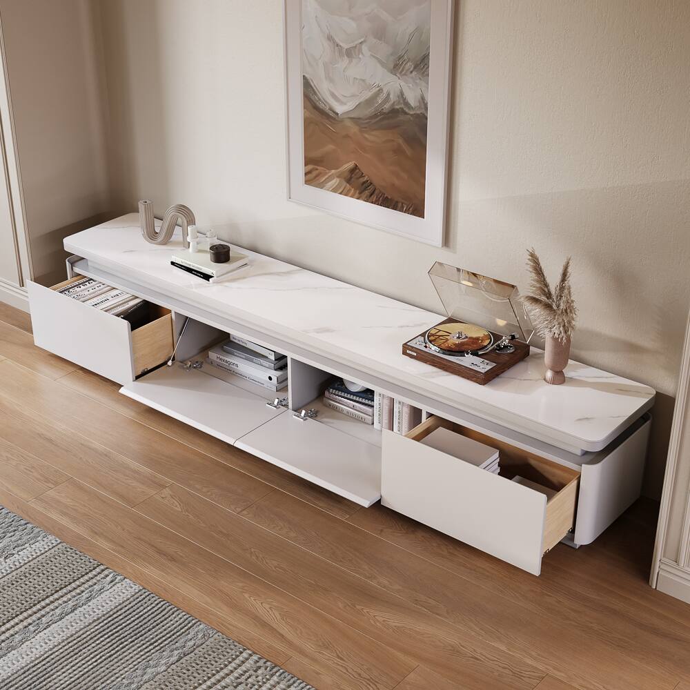 Alt View 10. POVISON - 95" Fully Assembled White Glossy Sintered Stone Mid-Century TV Stand with LED Lights and Drawers for 65 to 75 In TVs - White MDF.