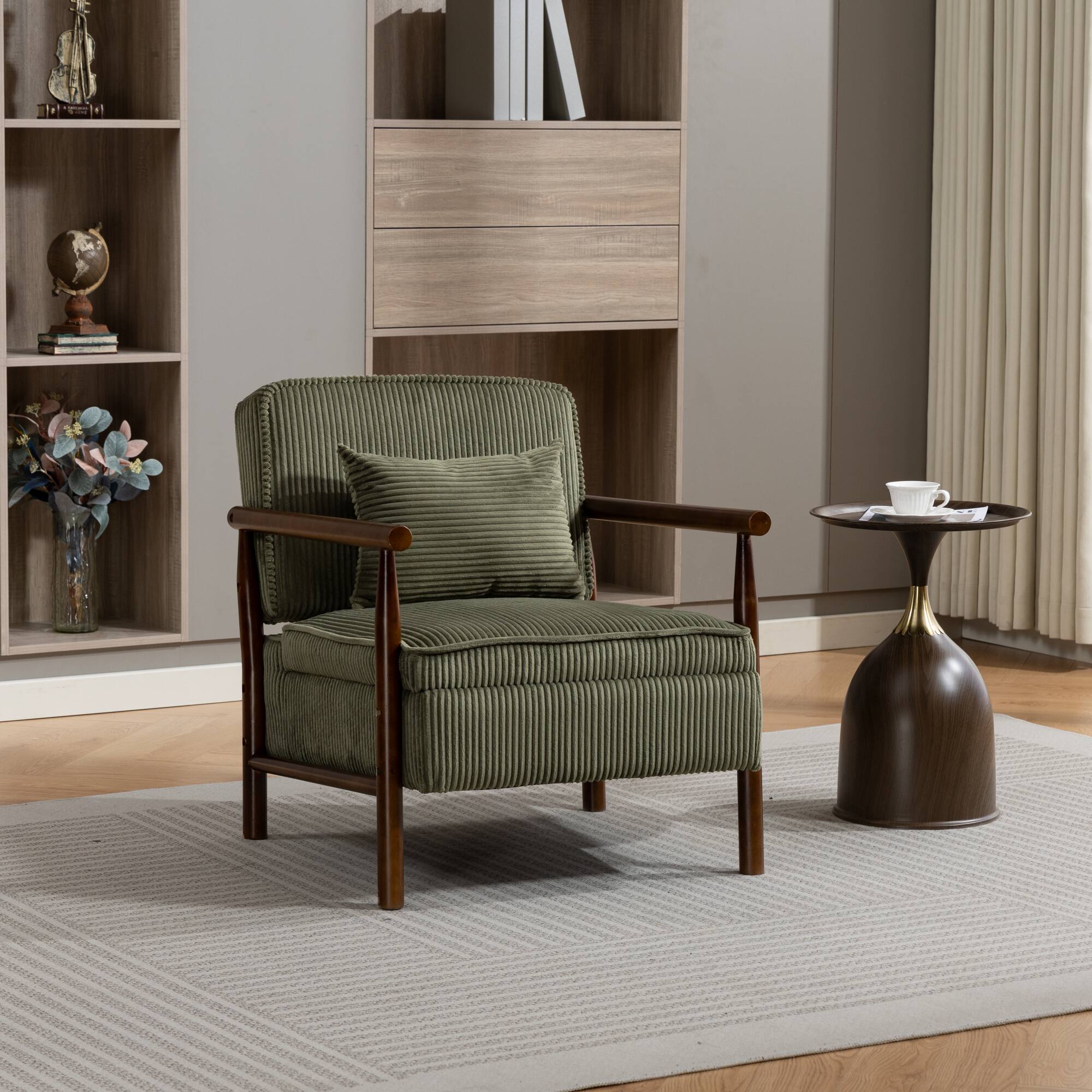 Angle. GOODSILO - Modern Upholstered Accent Armchair with Hidden Storage and Waist Support Cushion for Living Room Bedroom - Antique Green.
