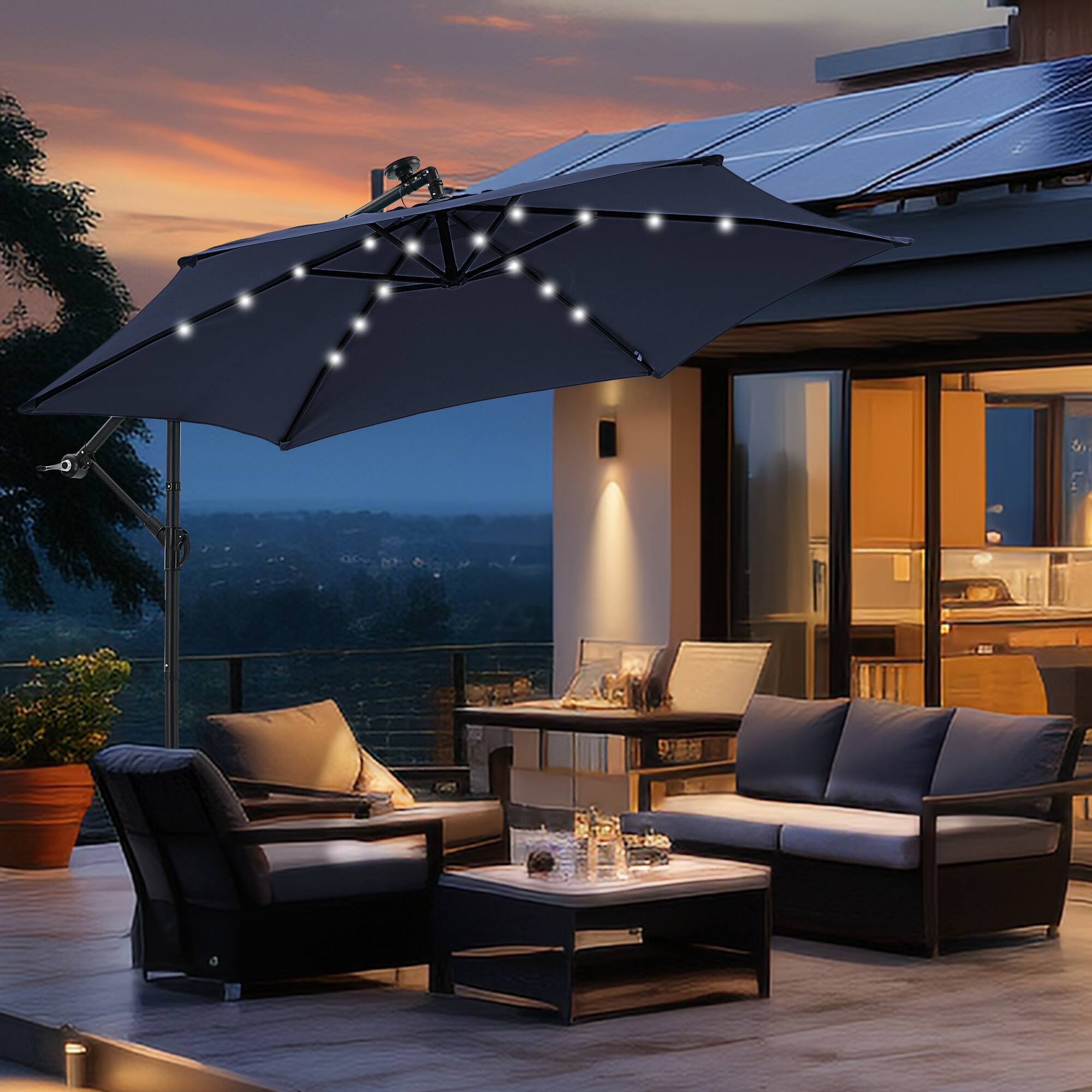 Angle. Ainfox - Ainfox 10FT Solar LED Outdoor Patio Yard Offset Umbrella with Cross Base for Market,Garden,Deck,Backyard,Pool,with light - navy blue.