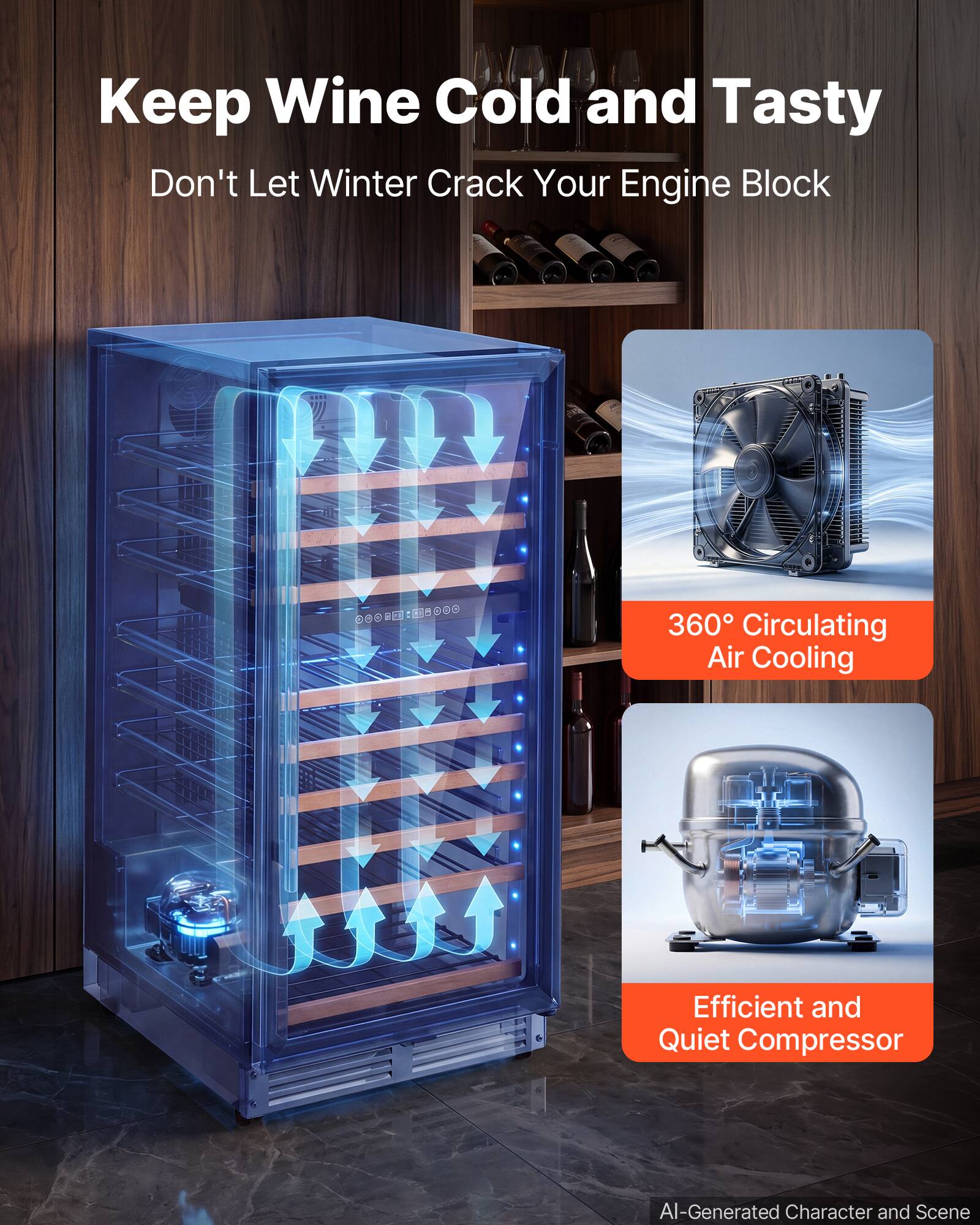 Keep Wine Cold and Tasty  
Don't Let Winter Crack Your Engine Block  

360° Circulating Air Cooling  
Efficient and Quiet Compressor  

AI-Generated Character and Scene