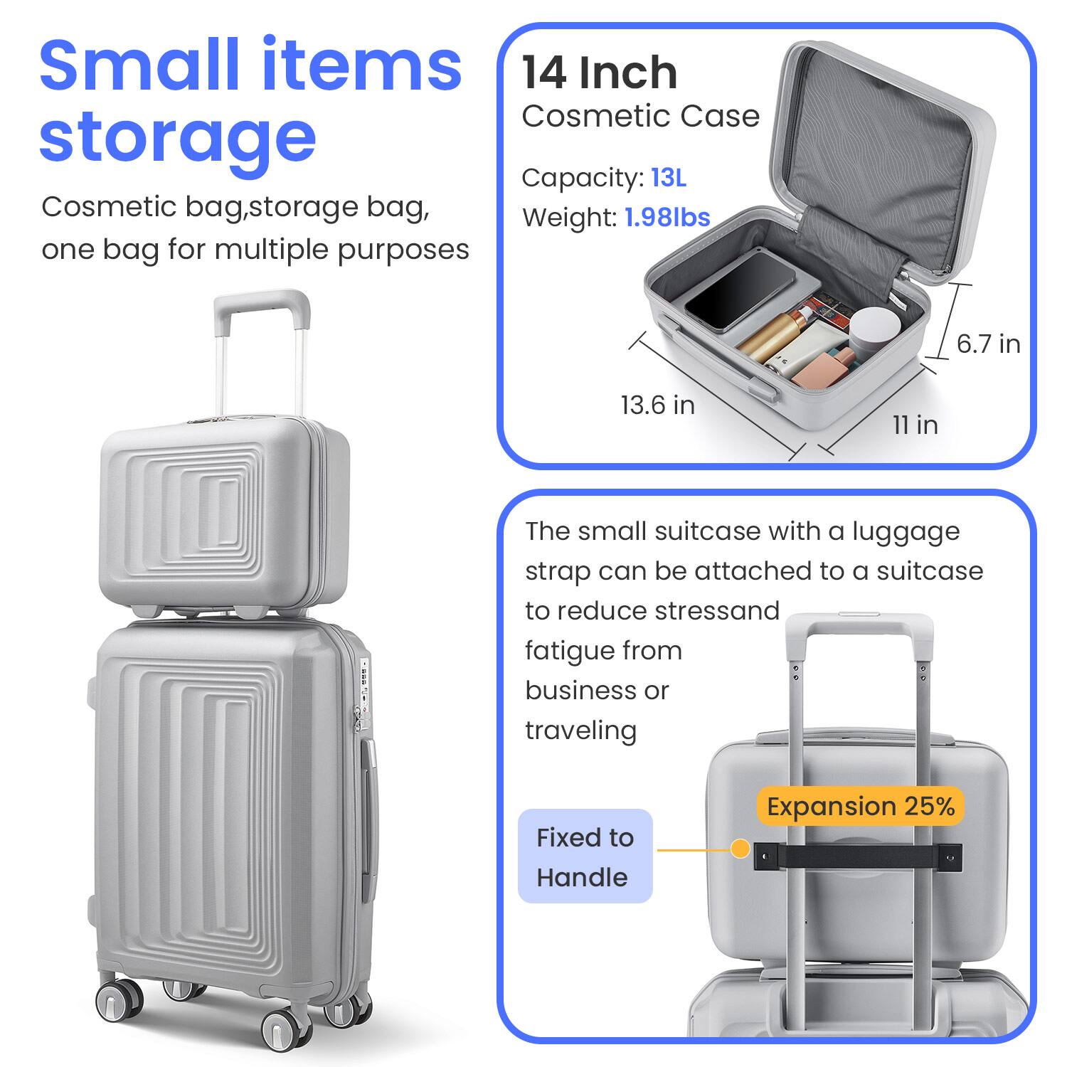 Small items storage  
Cosmetic bag, storage bag, one bag for multiple purposes  

14 Inch Cosmetic Case  
Capacity: 13L  
Weight: 1.98lbs  

The small suitcase with a luggage strap can be attached to a suitcase to reduce stress and fatigue from business or traveling  

Fixed to Handle  
Expansion 25%