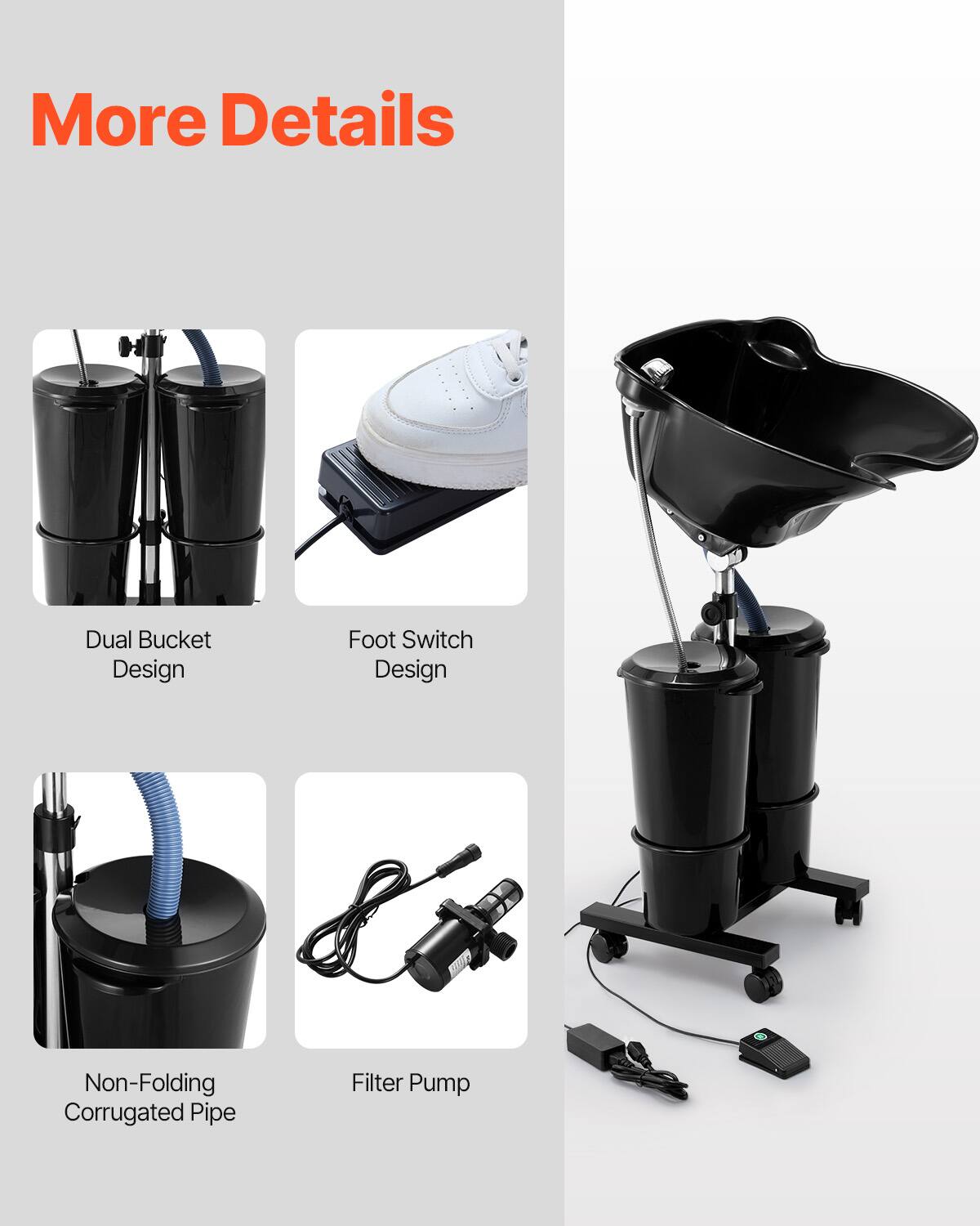 More Details

- Dual Bucket Design
- Foot Switch Design
- Non-Folding Corrugated Pipe
- Filter Pump