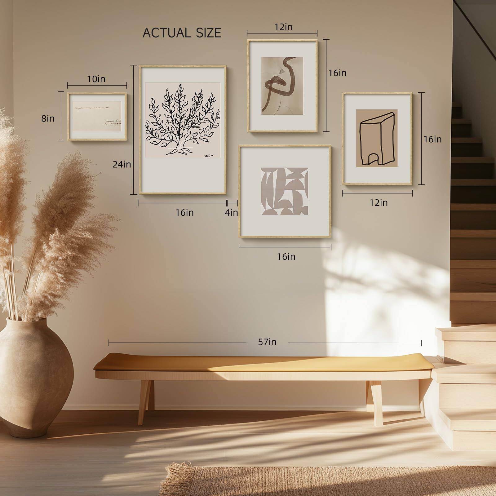 ACTUAL SIZE

- 10in x 8in
- 16in x 24in
- 16in x 12in
- 16in x 16in
- 12in x 16in
- 57in (total width)

- 12in x 16in
- 16in x 16in
- 16in x 12in
- 16in x 16in

- 4in (space between frames)