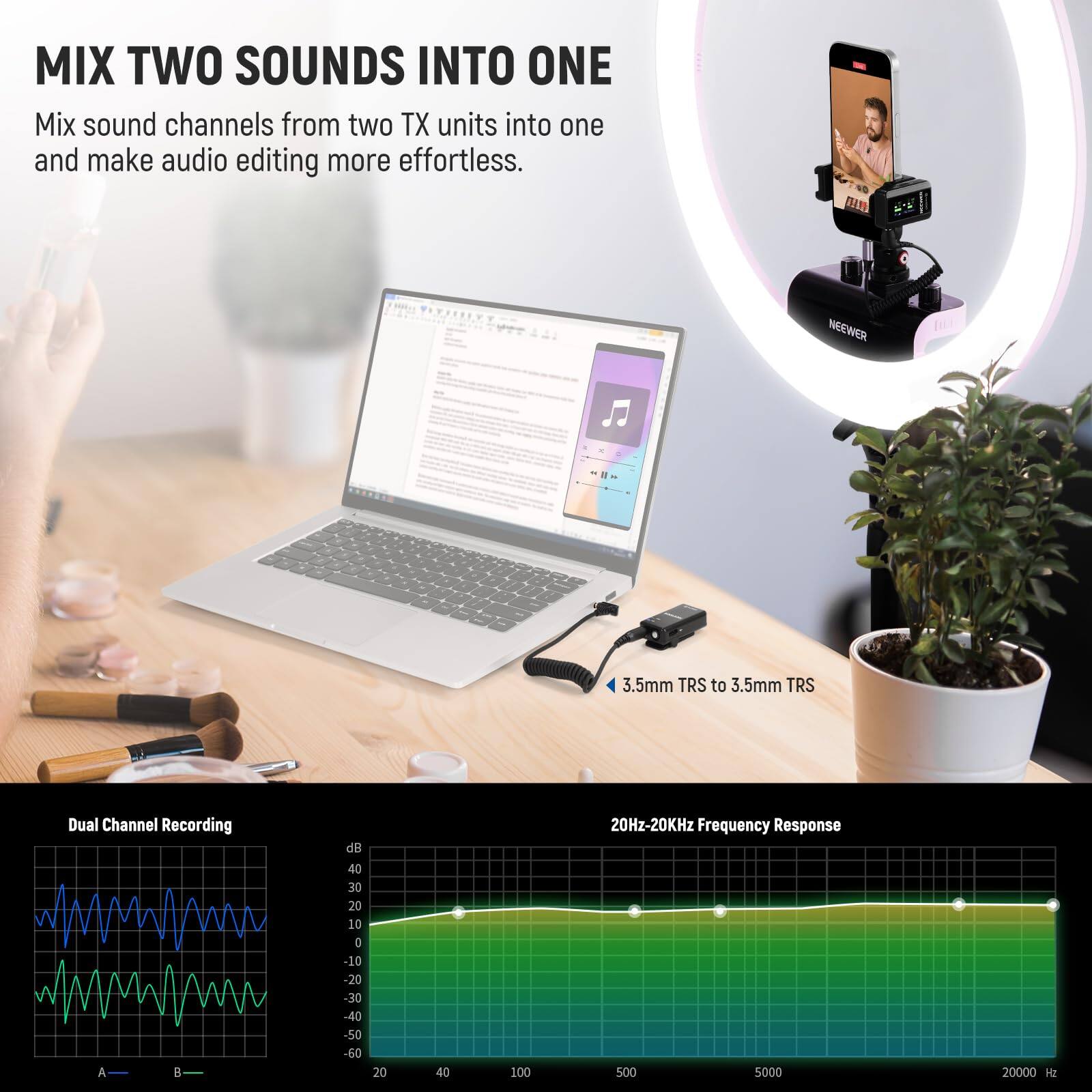 MIX TWO SOUNDS INTO ONE  
Mix sound channels from two TX units into one and make audio editing more effortless.

A TIVY WGEWER 3.5mm TRS to 3.5mm TRS Dual Channel Recording  
20Hz-20KHz Frequency Response

Dual Channel Recording

20Hz-20KHz Frequency Response