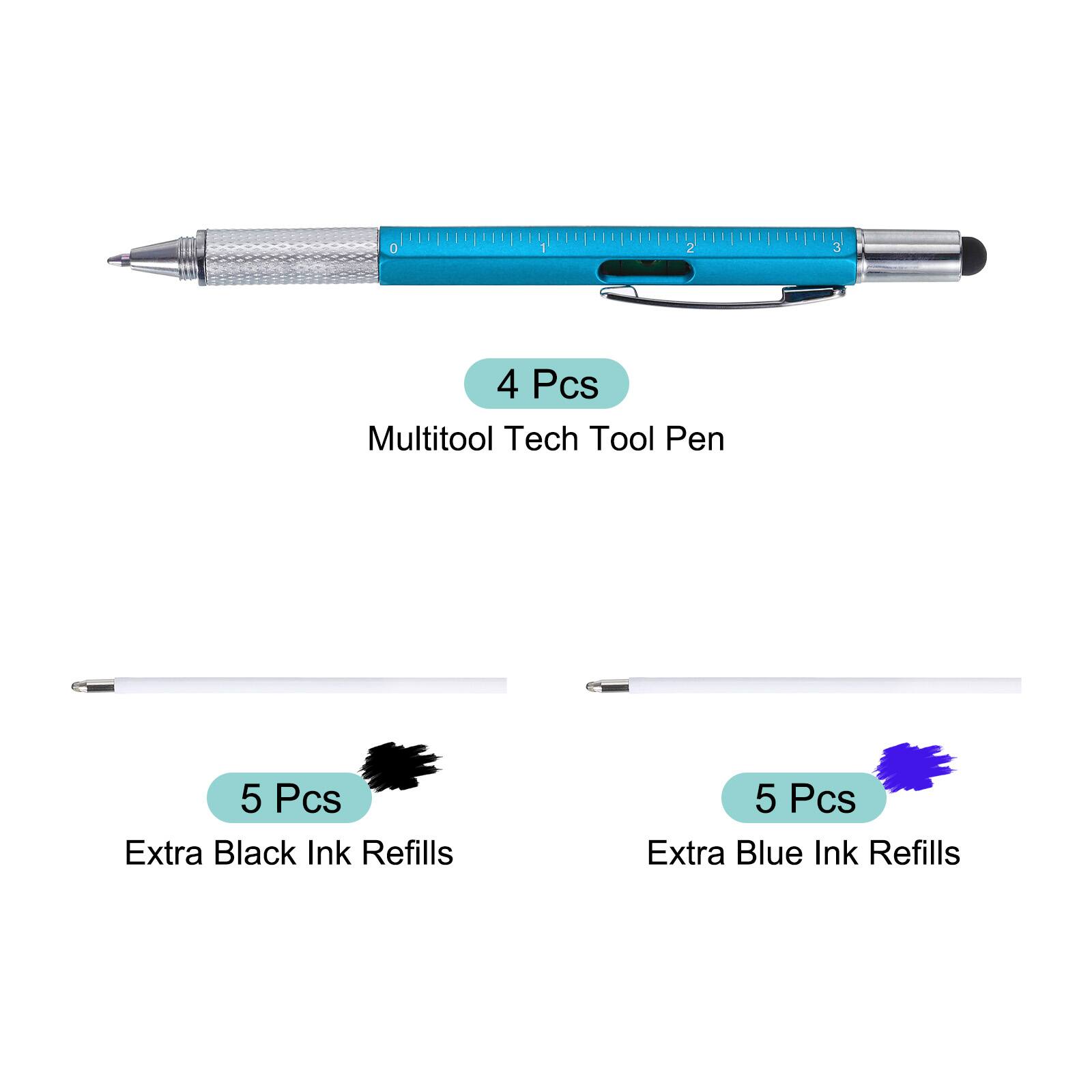 4 Pcs Multitool Tech Tool Pen  
5 Pcs Extra Black Ink Refills  
5 Pcs Extra Blue Ink Refills