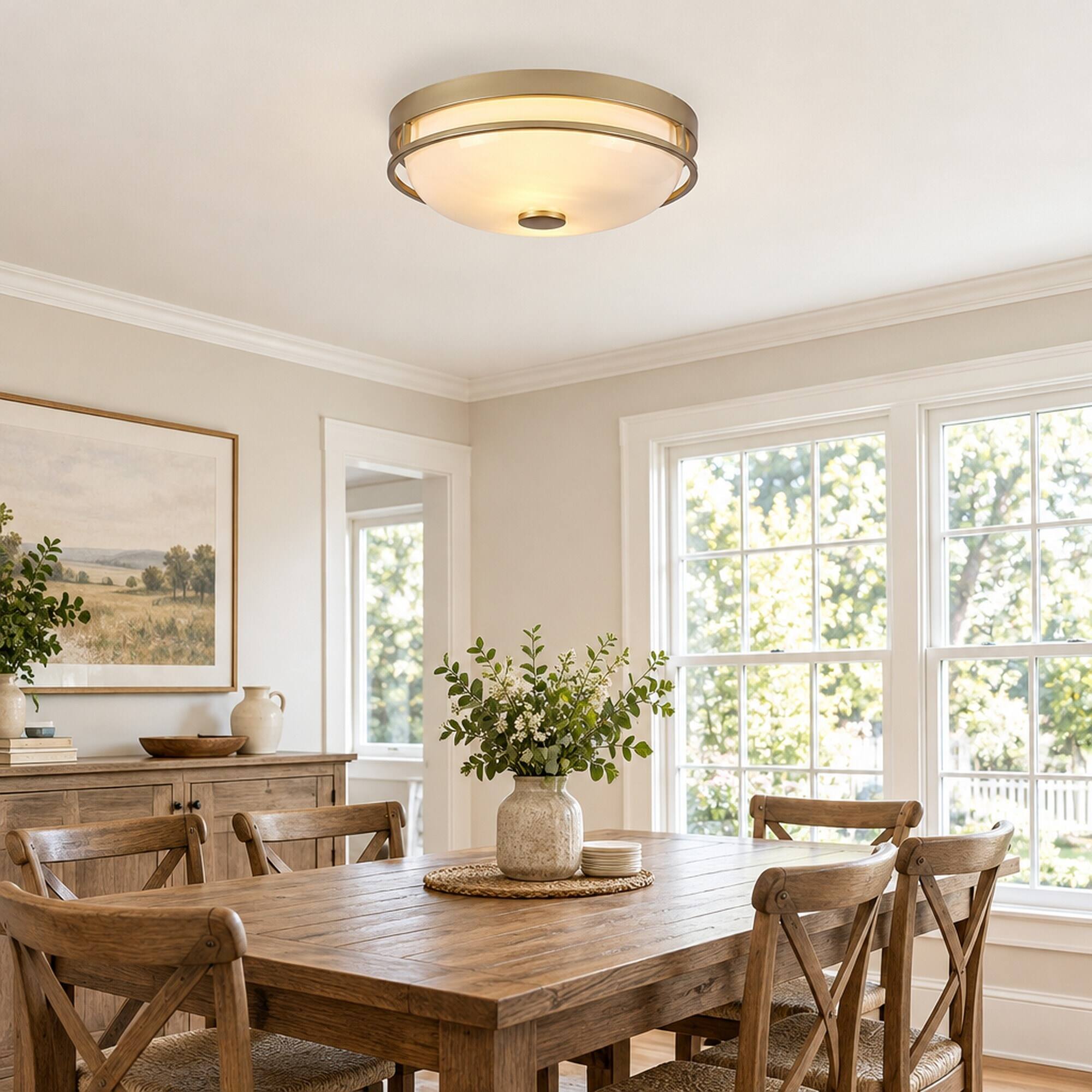 RYHNUYNE 13 Flush Mount Ceiling Light, 2 E26 Sockets, Milk Glass Shade ...