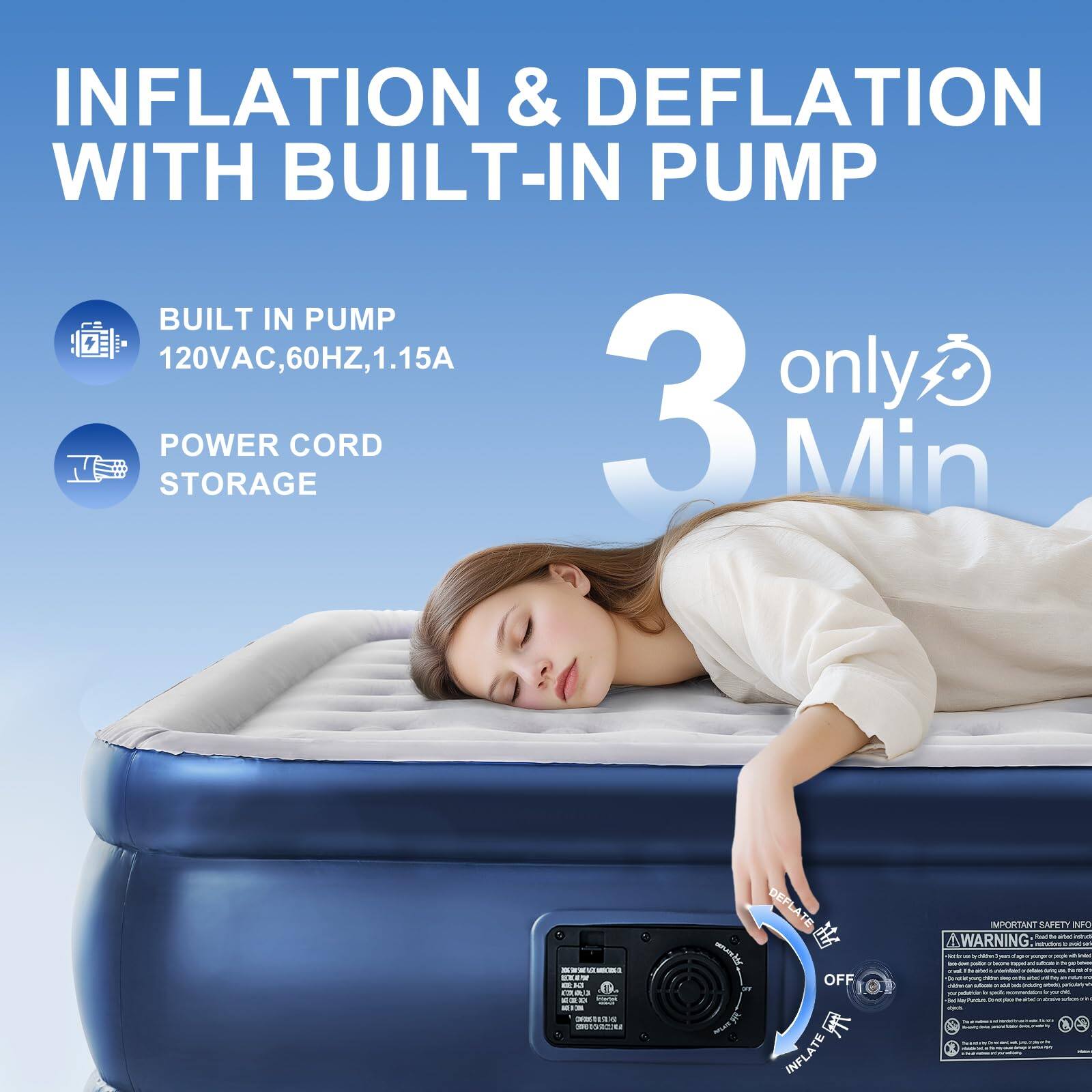 INFLATION & DEFLATION WITH BUILT-IN PUMP

BUILT IN PUMP
120VAC, 60HZ, 1.15A

POWER CORD STORAGE

3 only Min

INFLATE
OFF
DEFLATE

IMPORTANT SAFETY INFO
WARNING