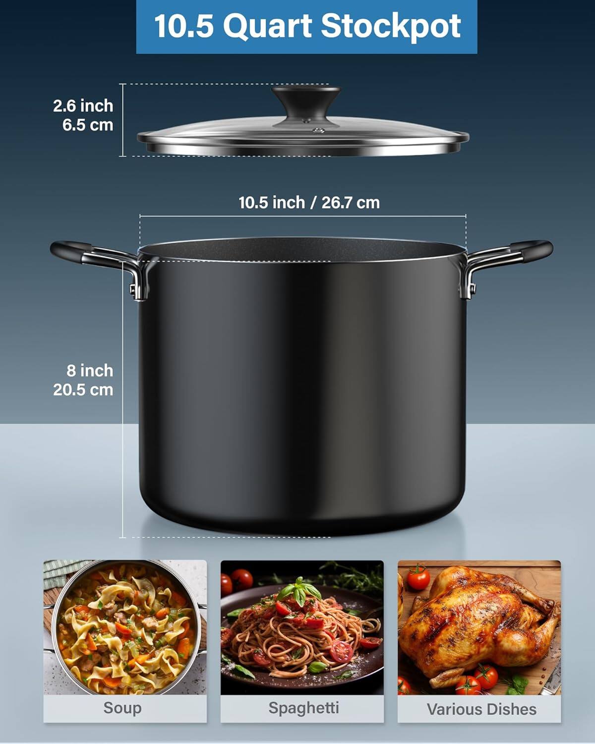 10.5 Quart Stockpot

2.6 inch / 6.5 cm

10.5 inch / 26.7 cm

8 inch / 20.5 cm

Soup

Spaghetti

Various Dishes