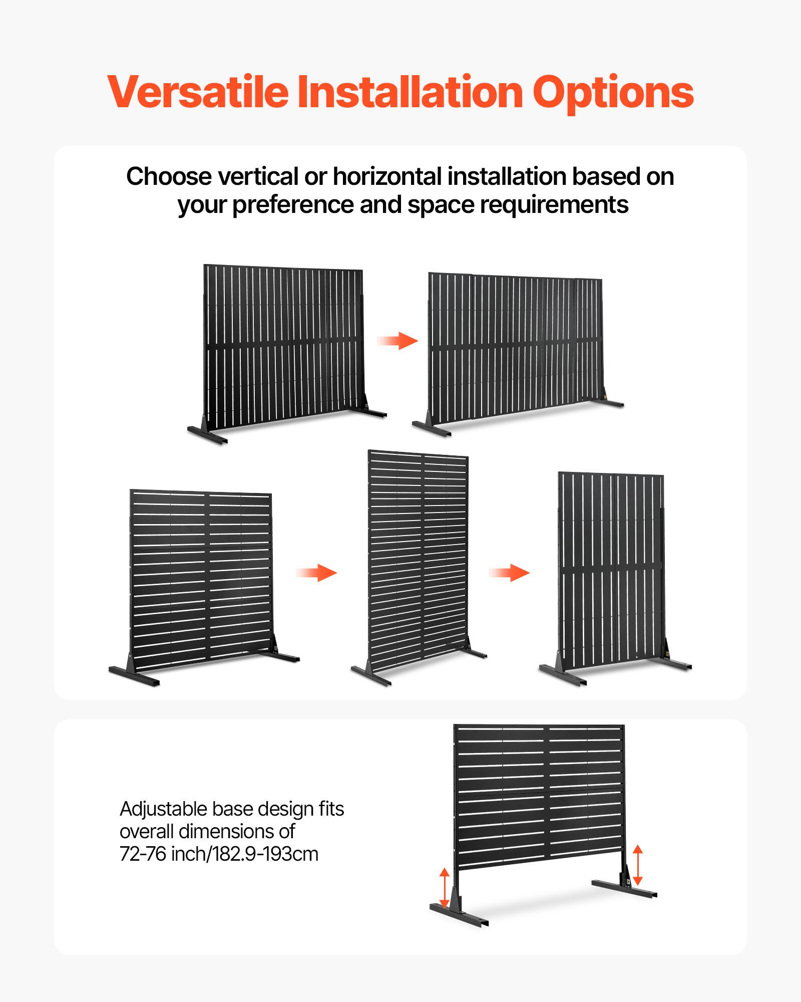 Versatile Installation Options

Choose vertical or horizontal installation based on your preference and space requirements

Adjustable base design fits overall dimensions of 72-76 inch/182.9-193cm