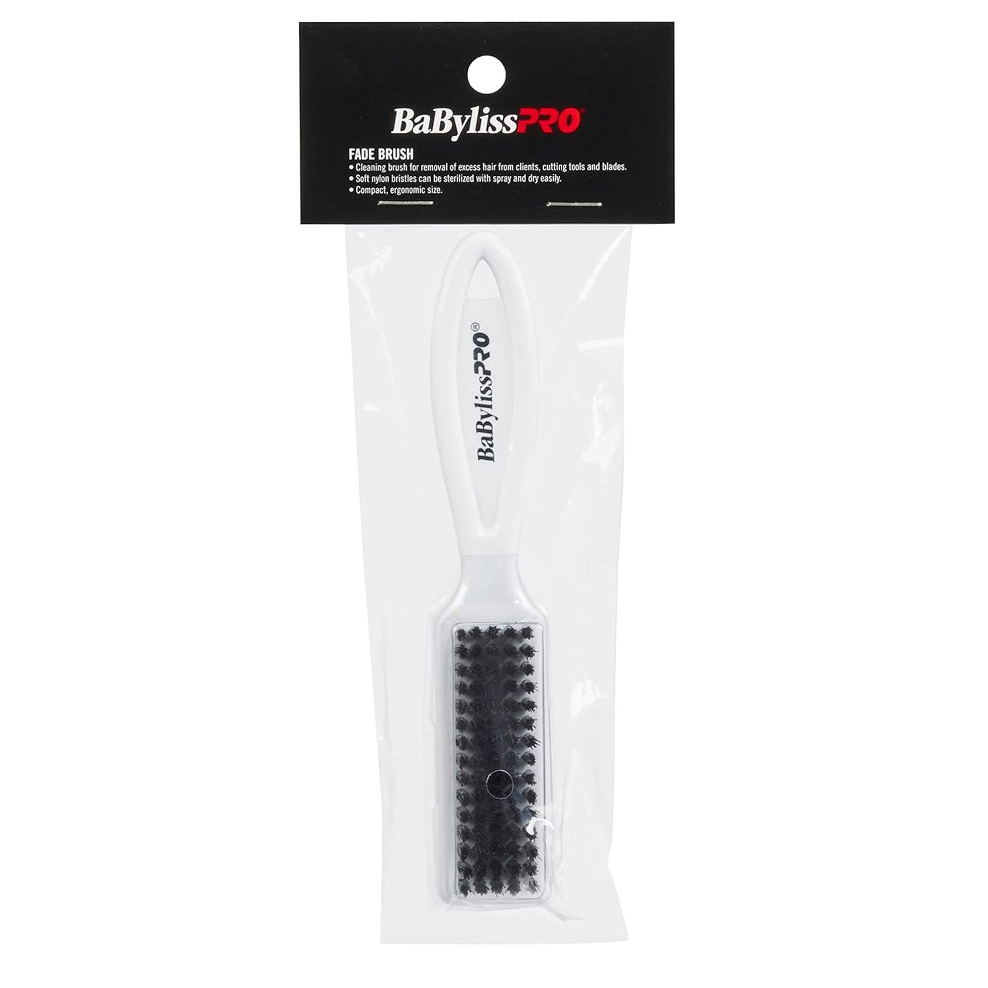 BaBylissPRO FADE BRUSH  
Cleaning brush for removal of excess hair from clients, cutting tools and blades.  
Soft nylon bristles can be sterilized with spray and dry easily.  
Compact, ergonomic size.