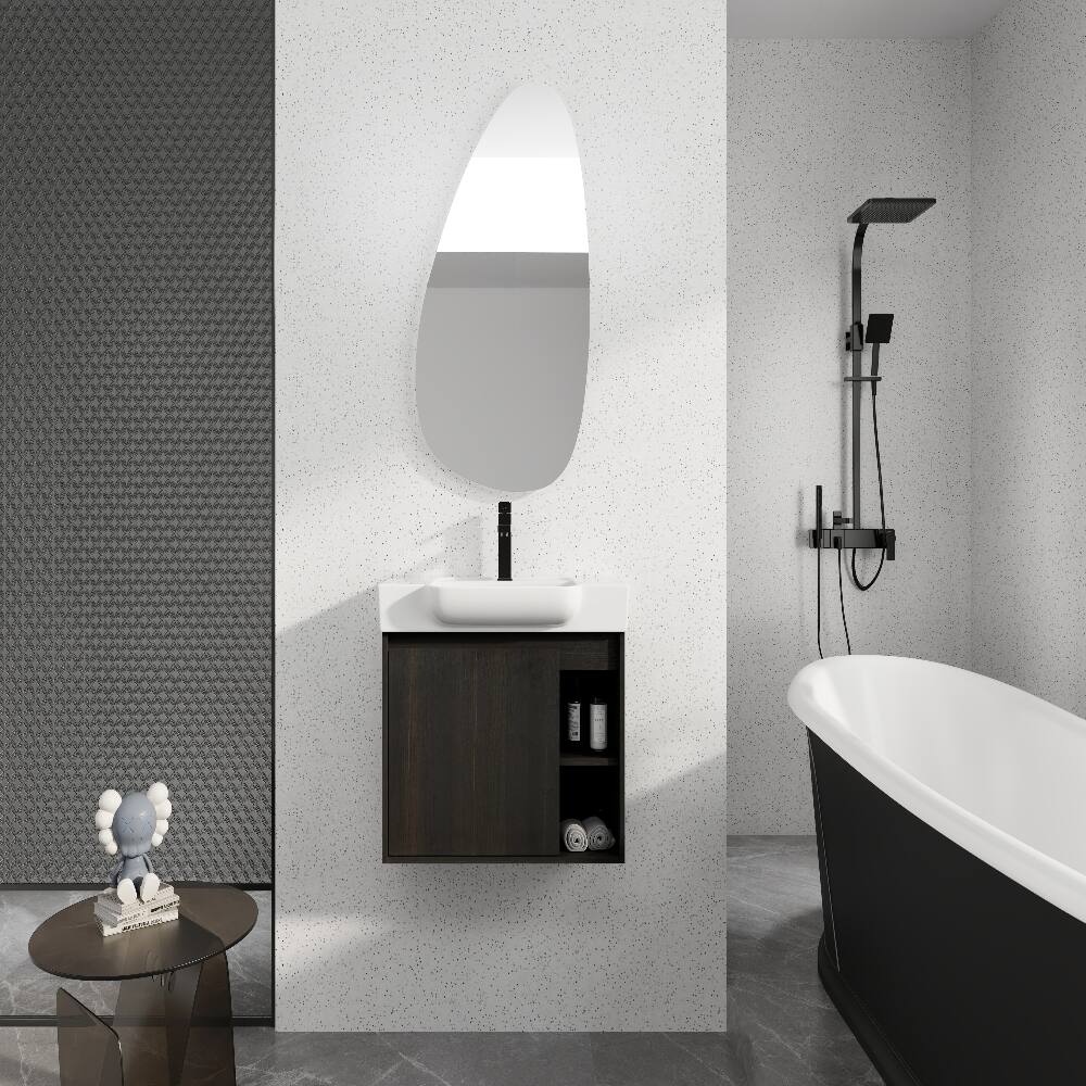 Angle. Loheer - Loheer 28 inch wall mounted bathroom vanity with white ceramic sink, dark oak floating vanity - Dark Oak.