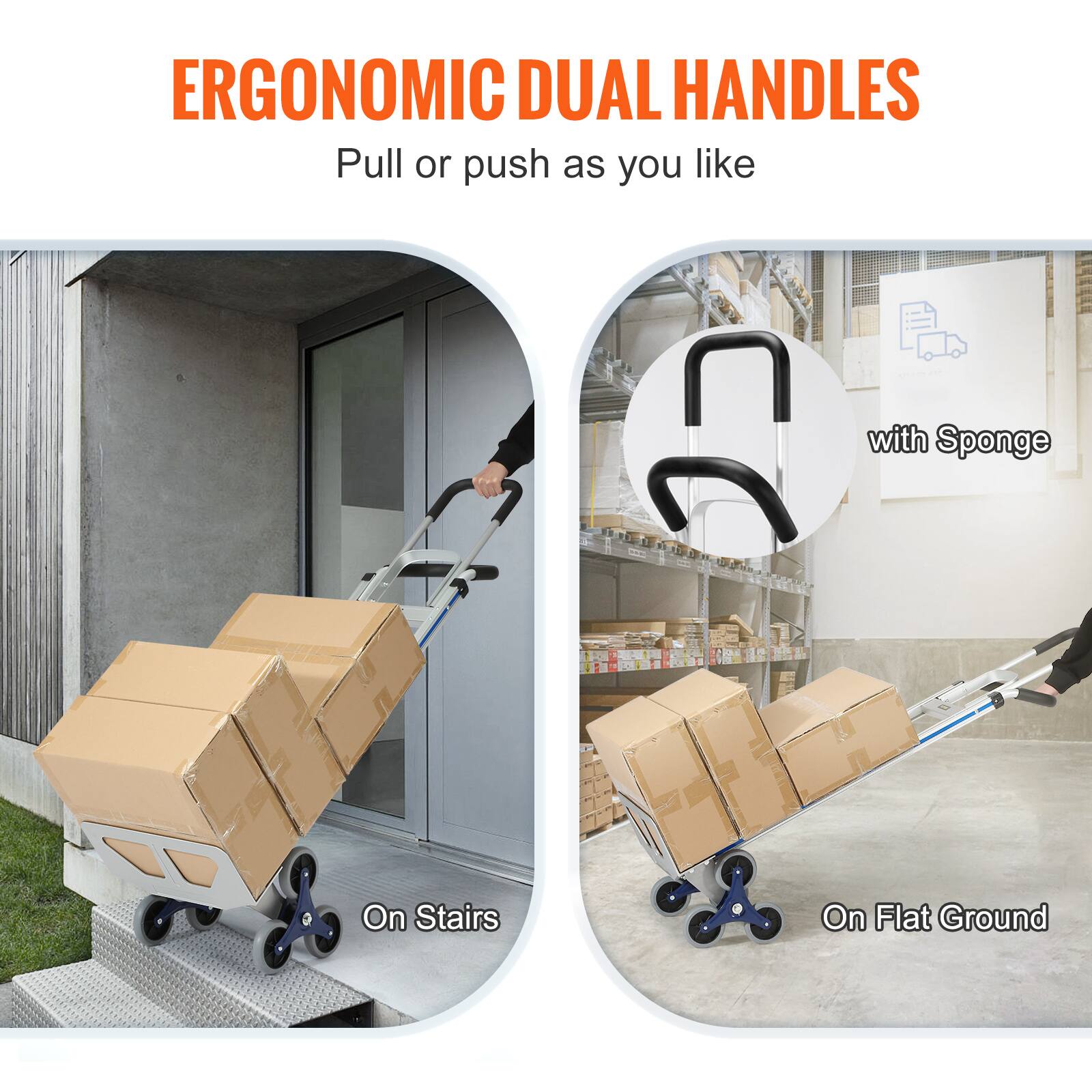 ERGONOMIC DUAL HANDLES  
Pull or push as you like  

with Sponge  

On Stairs  
On Flat Ground