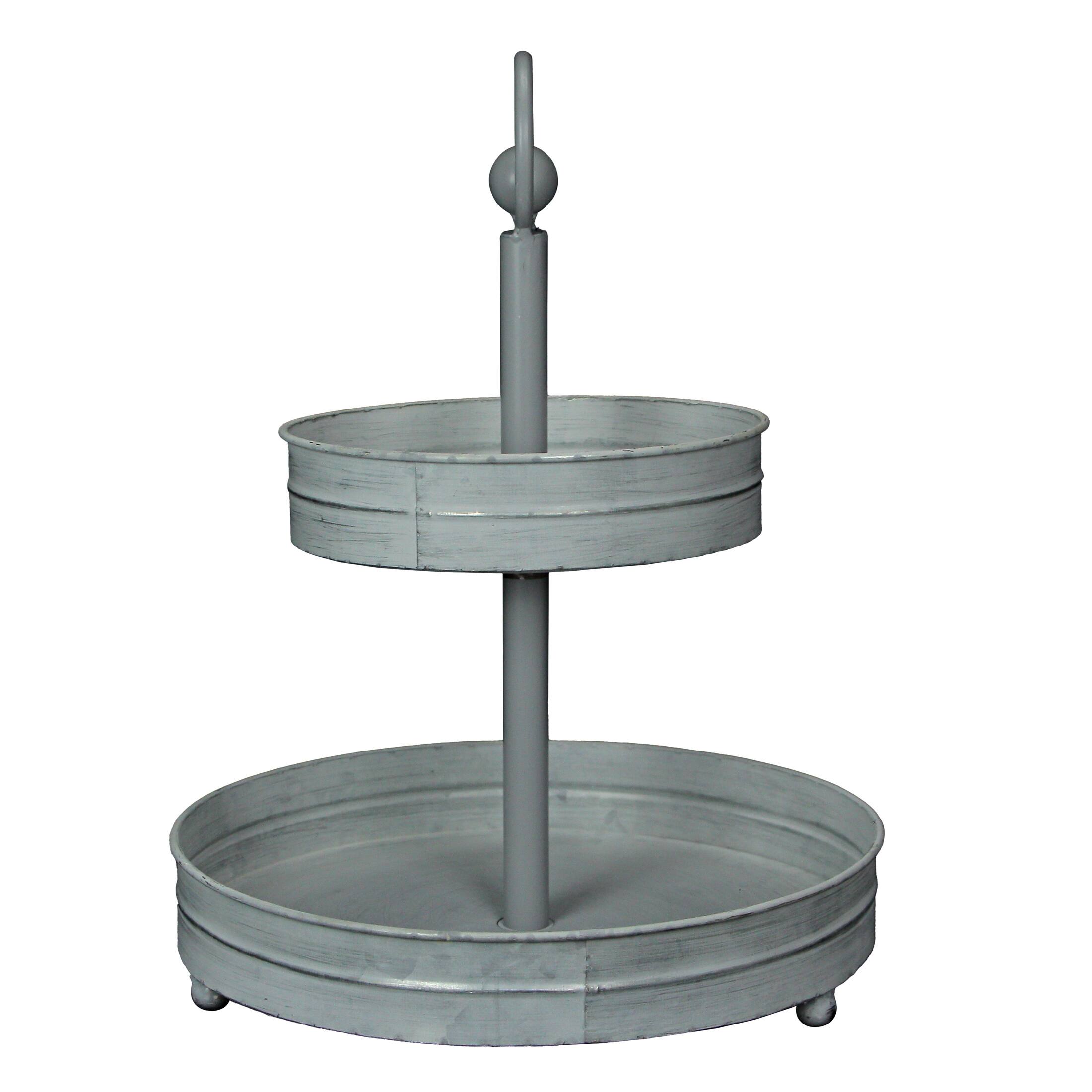 Alt View 2. Zeckos - White Galvanized Metal Rustic Round Two Tier Farmhouse Tray Serving Stand - White.