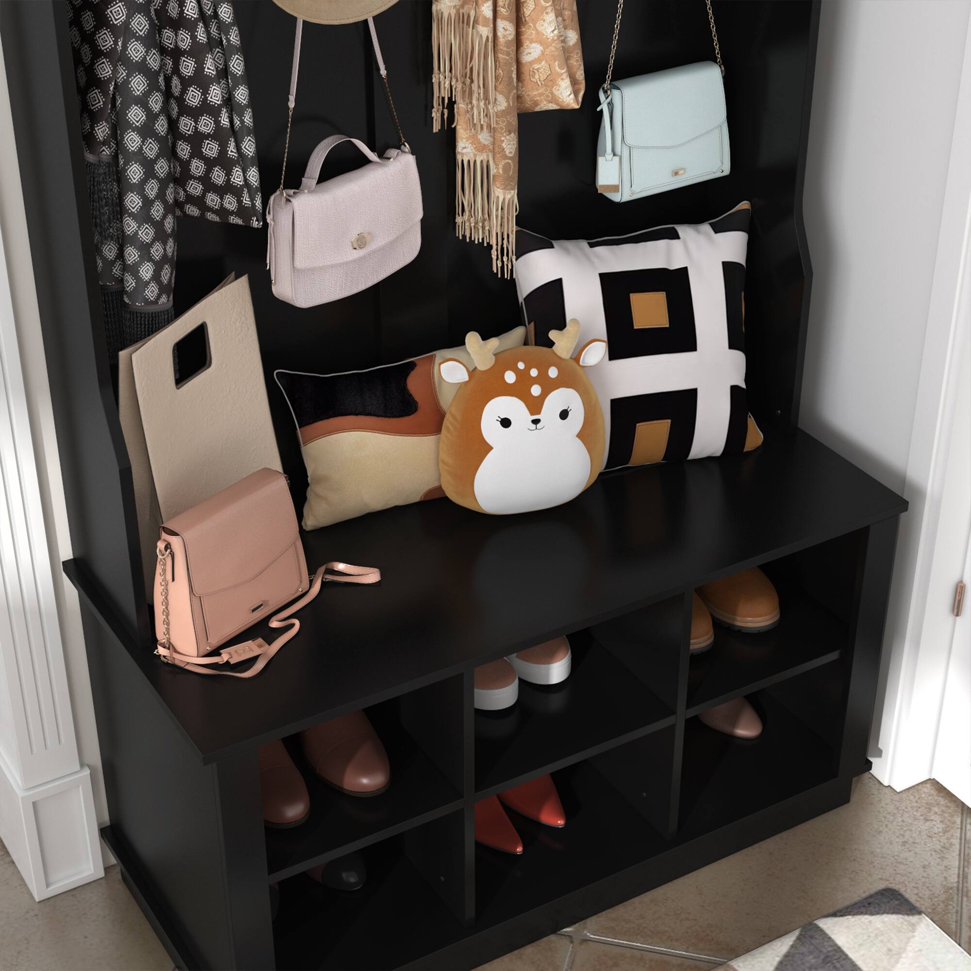 Alt View 1. FUFU & GAGA - Entryway Hall Tree with Coat Rack Shoe Cabinet and Bench，Modern Entryway Organizer with Hooks and Storage Shelves - Black.