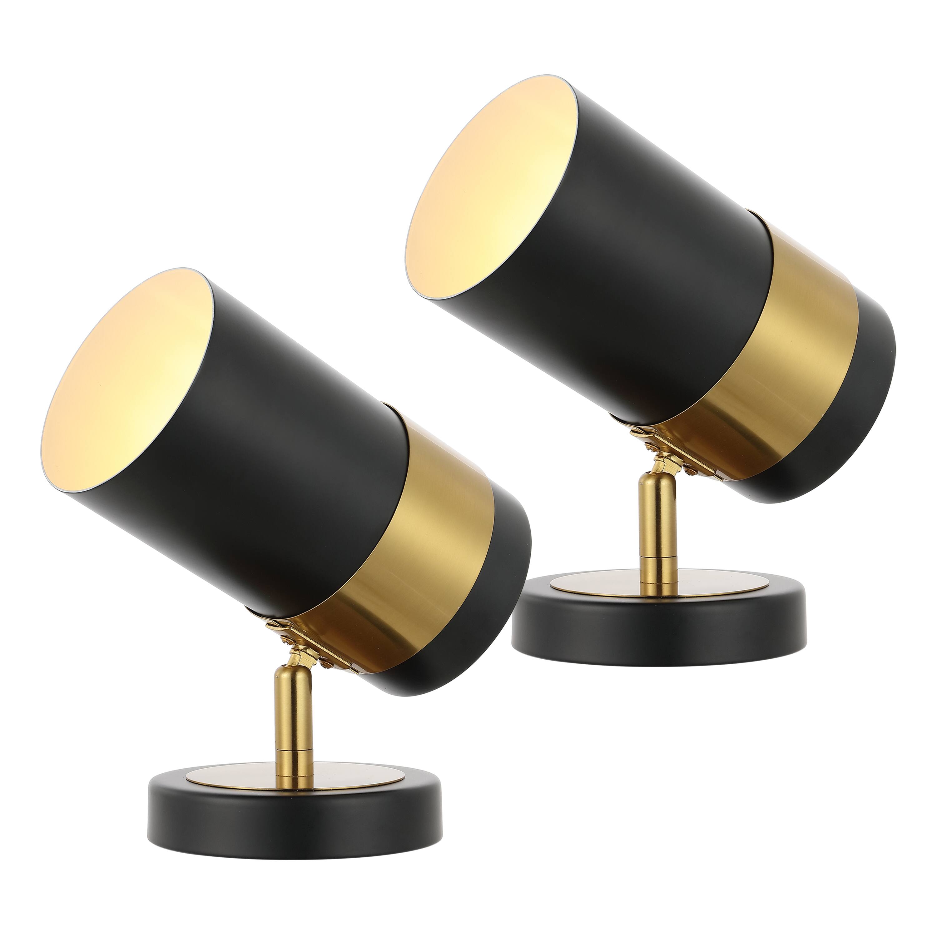 Front. Jonathan Y - Astra 9.25" Modern Industrial Adjustable Metal LED Floor Uplight Spotlight, Black/Brass Gold (Set of 2) - Black/Brass Gold.