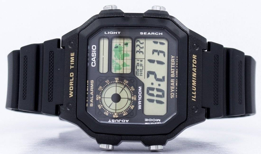 Sure, here is the corrected and grouped text from the image:

- CASIO
- WORLD TIME
- 10 YEAR BATTERY
- 5 ALARMS
- WR100M
- ADJUST MODE
- ILLUMINATOR
- LIGHT
- SEARCH
- 10:21:33
- 1EB2:00
- 15 10 50
- 0s 25 10
- 55 SE SO
- 40 45