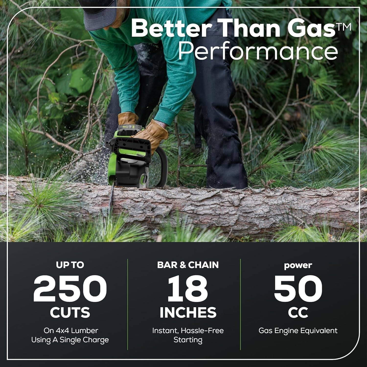 Better Than Gas™ Performance

- UP TO 250 CUTS
  - On 4x4 Lumber Using A Single Charge

- BAR & CHAIN
  - 18 INCHES
  - Instant, Hassle-Free Starting

- power
  - 50 CC
  - Gas Engine Equivalent