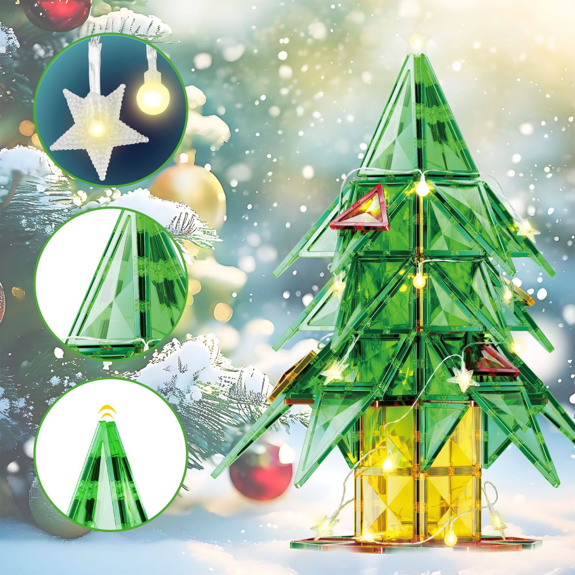 Alt View 5. PicassoTiles - PICASSO-TILES Magnetic Tiles for Kids, 106 PCS Light Up Christmas Tree Holiday Theme, STEM Building Blocks Toy - Multicolor.