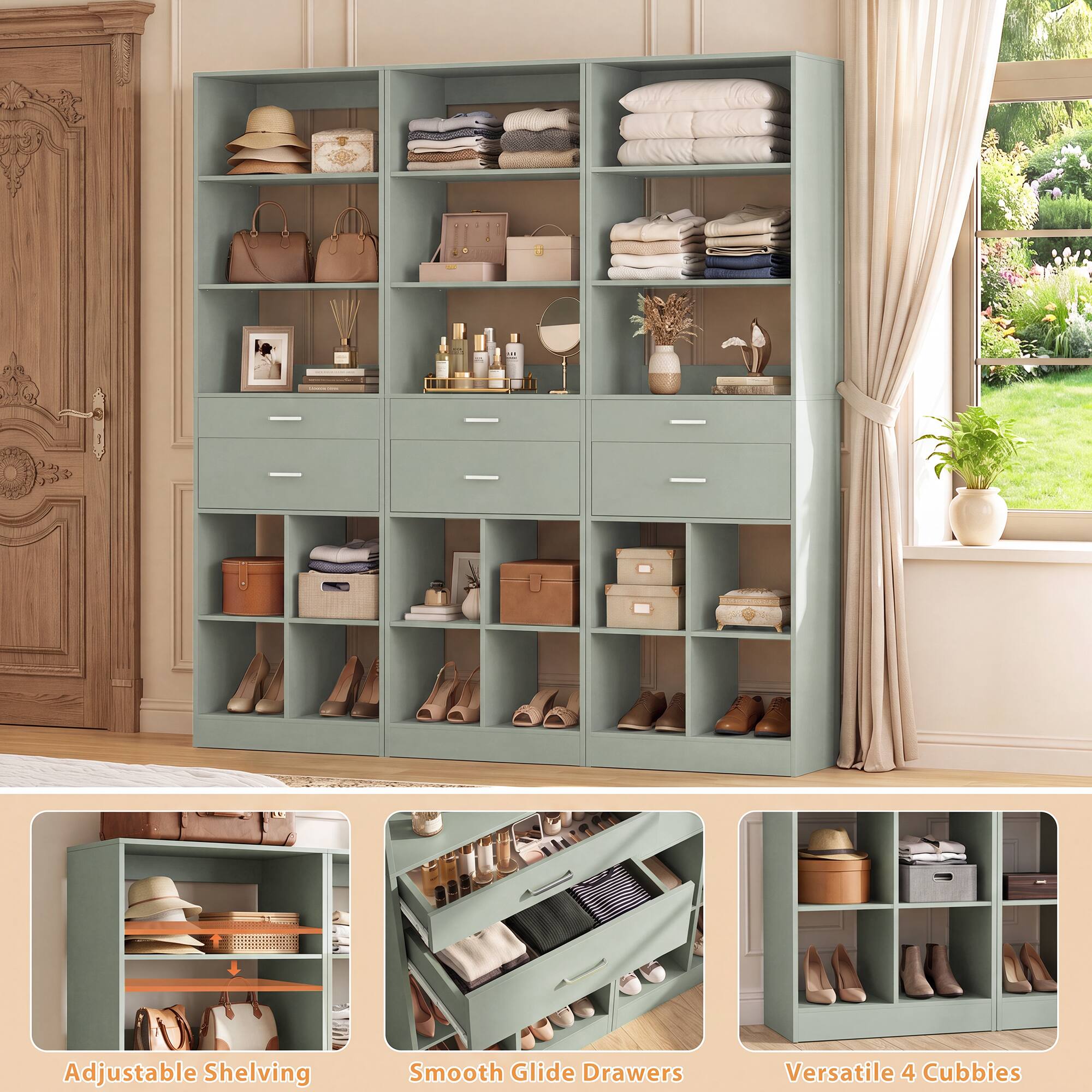 Adjustable Shelving  
Smooth Glide Drawers  
Versatile 4 Cubbies