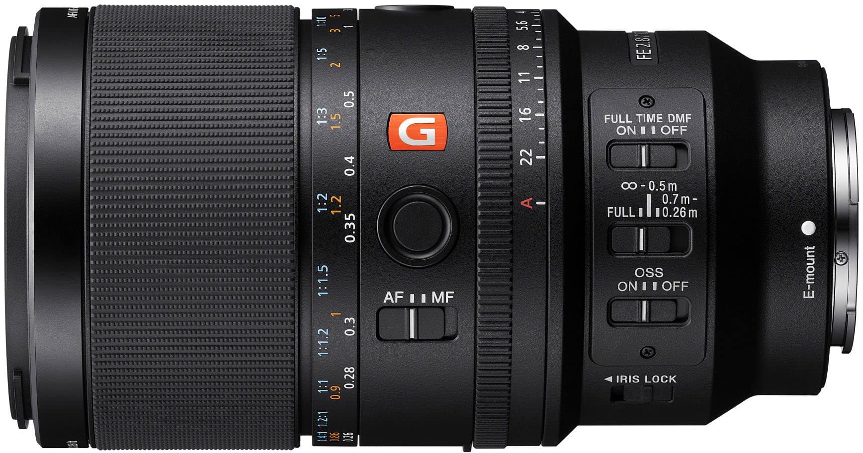 AEN 2 1:10 35 - E 1:5 2 0.5 1:3 1.5 0.4 1:2 1.2 0.35 1:1.5 1 0.3 1:1.2 1:1 0.28 0.9 1.2:1 14:1 1.86 1.26 G AF II MF 5.6 8 - 11 : 16 22 - FE2.8 FULL TIME DMF ON II OFF 8 I 0.5 m 0.7 m- I FULL 0.26m m OSS ON OFF x IRIS LOCK E-mount
