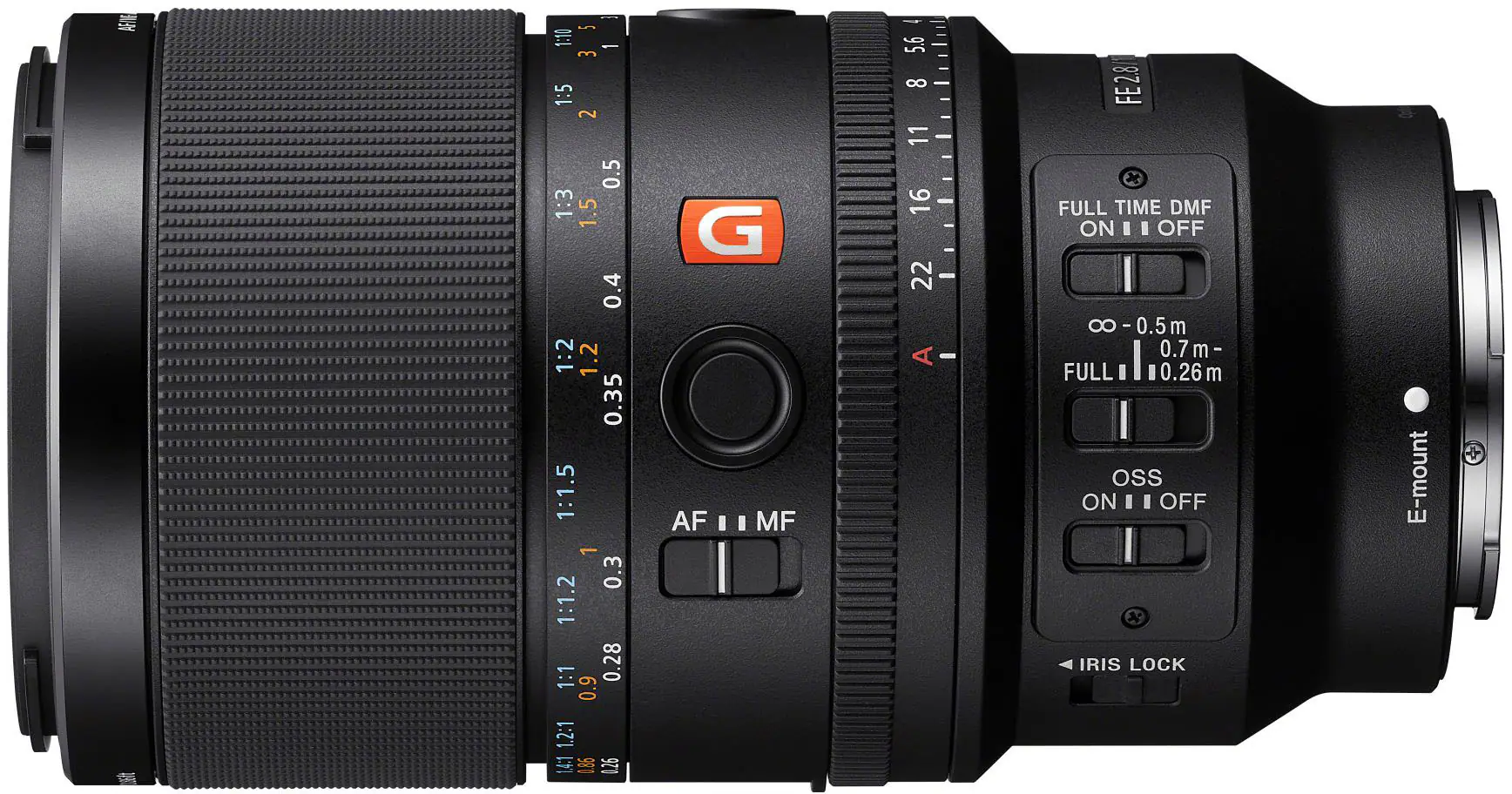 AEN 2 1:10 35 - E 1:5 2 0.5 1:3 1.5 0.4 1:2 1.2 0.35 1:1.5 1 0.3 1:1.2 1:1 0.28 0.9 1.2:1 14:1 1.86 1.26 G AF II MF 5.6 8 - 11 : 16 22 - FE2.8 FULL TIME DMF ON II OFF 8 I 0.5 m 0.7 m- I FULL 0.26m m OSS ON OFF x IRIS LOCK E-mount