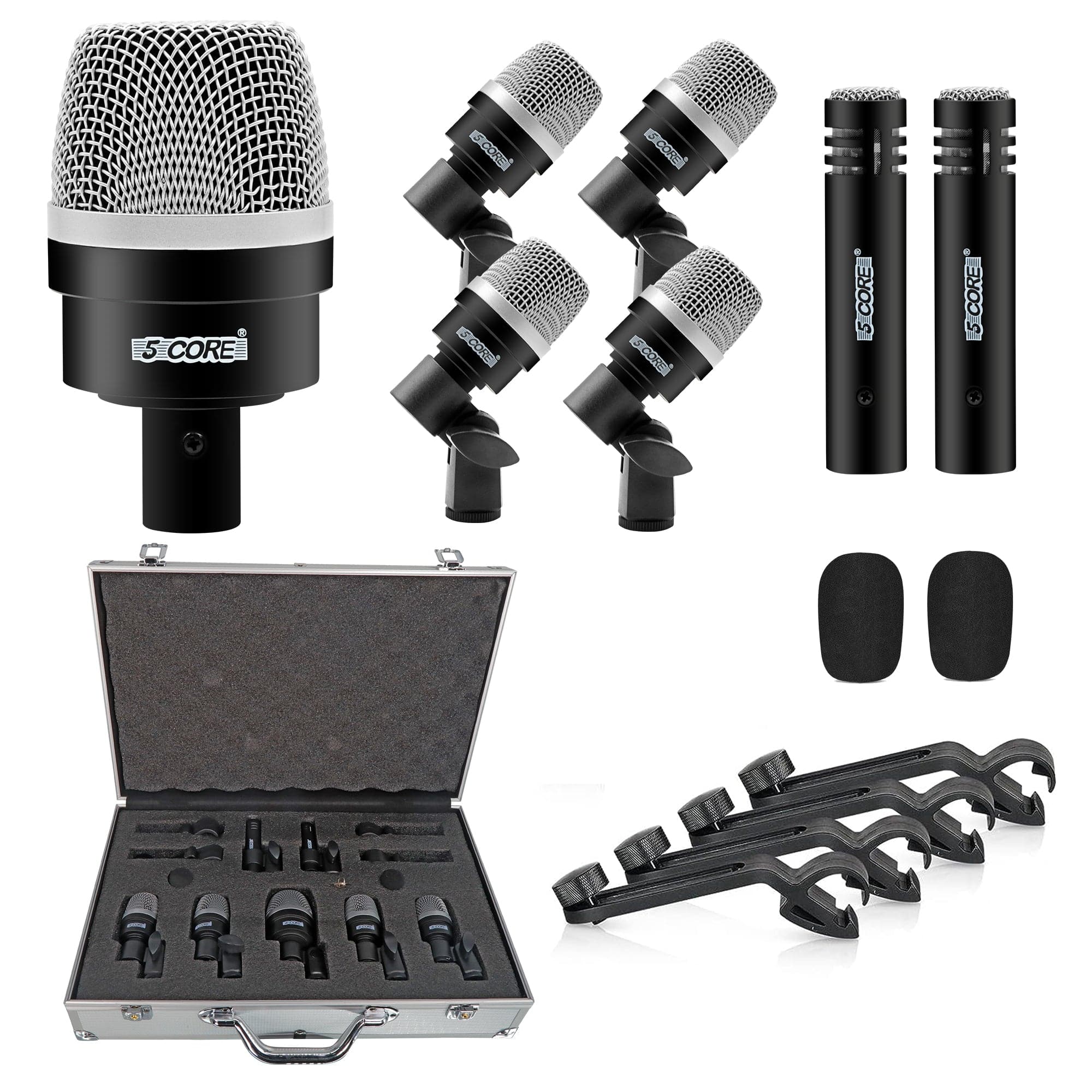 5 CORE - Drum Mic Kit 7 Pcs Kick Bass Tom Snare Dynamic Microphone Instrument Mics Set - Black