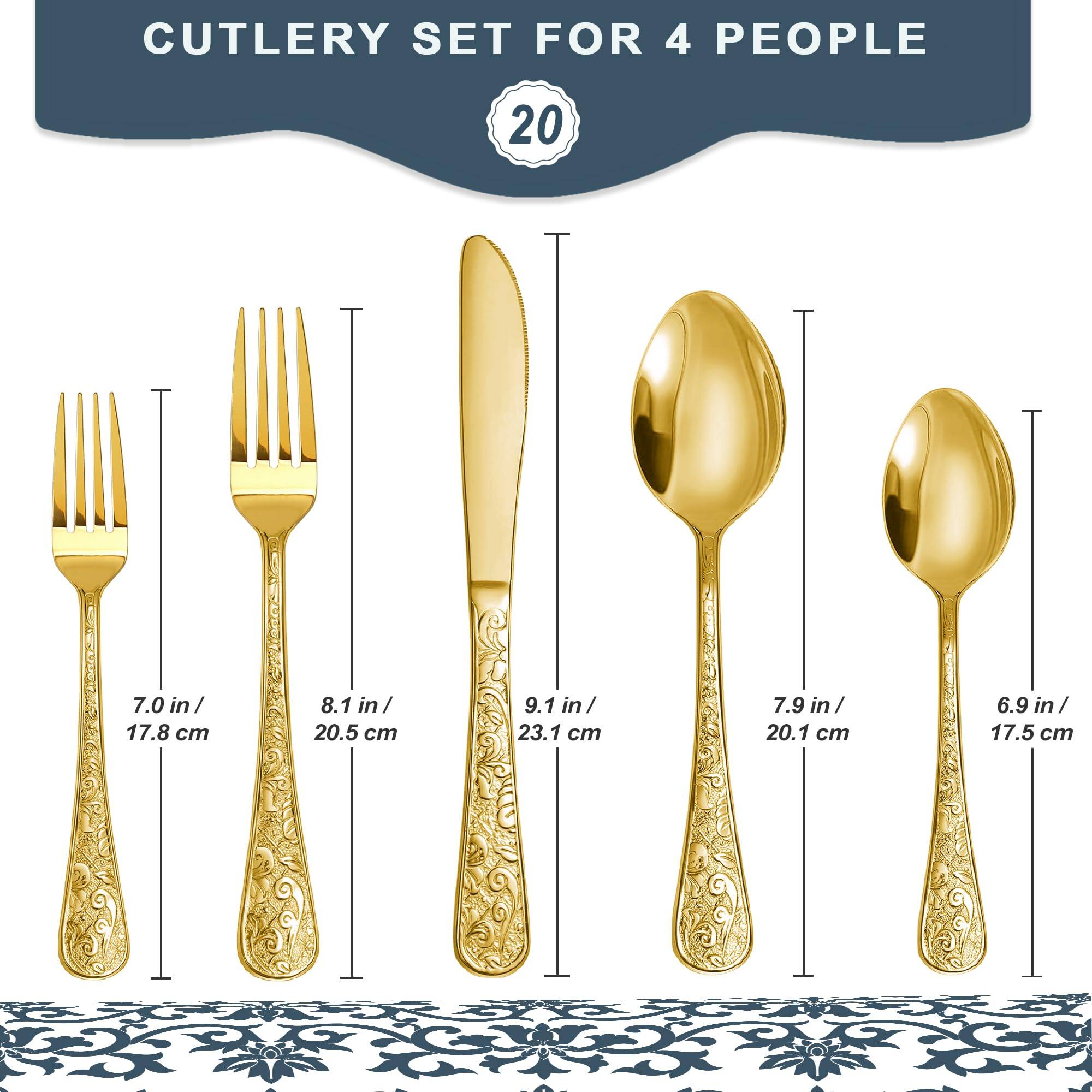 CUTLERY SET FOR 4 PEOPLE

20

- Fork: 7.0 in / 17.8 cm
- Spoon: 8.1 in / 20.5 cm
- Knife: 9.1 in / 23.1 cm
- Dessert Spoon: 7.9 in / 20.1 cm
- Teaspoon: 6.9 in / 17.5 cm
