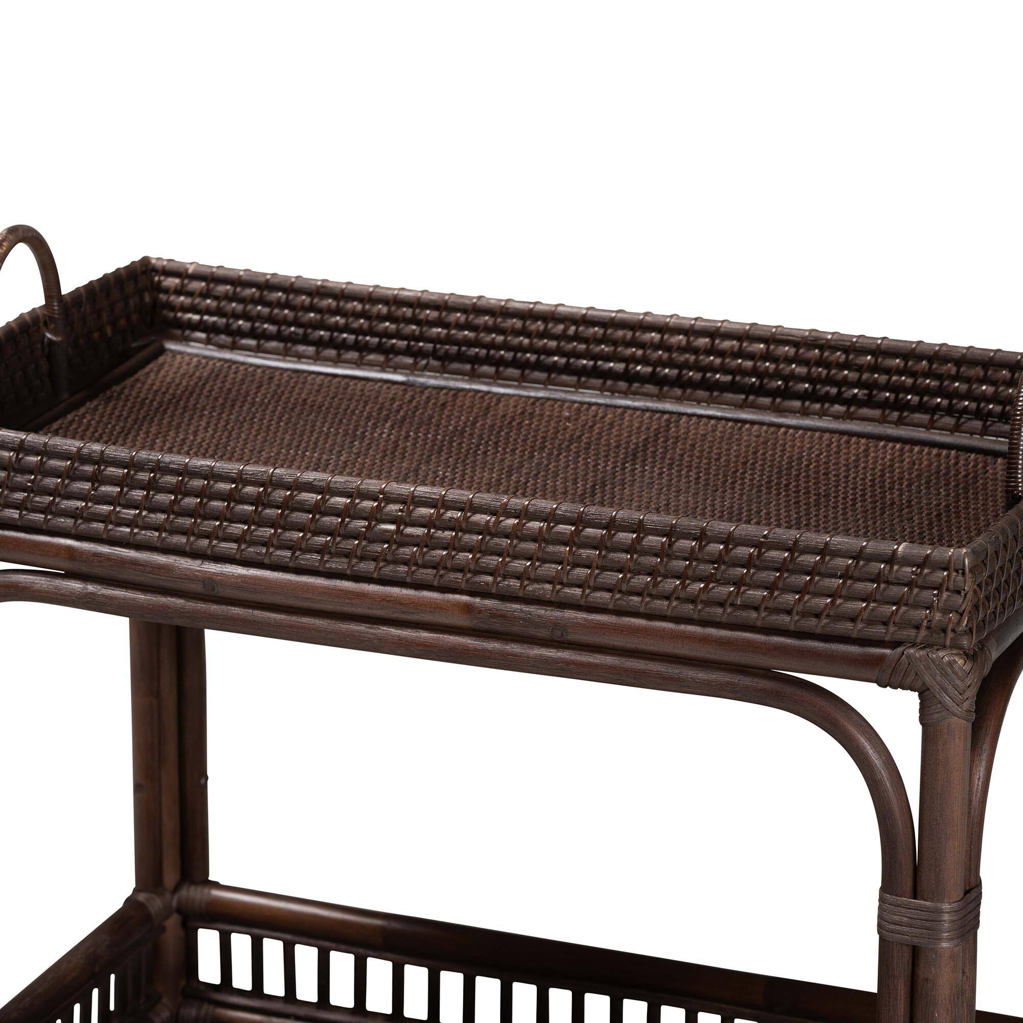Back. bali & pari - Lombok Natural Rattan Wine Cart - Handwoven Wicker 2-Tier Mobile Bar Cart with Raised Tray Top - Coffee Bean.