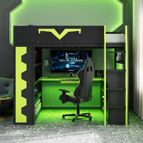 Left. Anysun - Full Size Gaming Loft Bed with Desk & RGB Lights - Pro-Gamer Bed with Power Outlet, Bookshelf, Pegboard & Storage Drawer - Green.