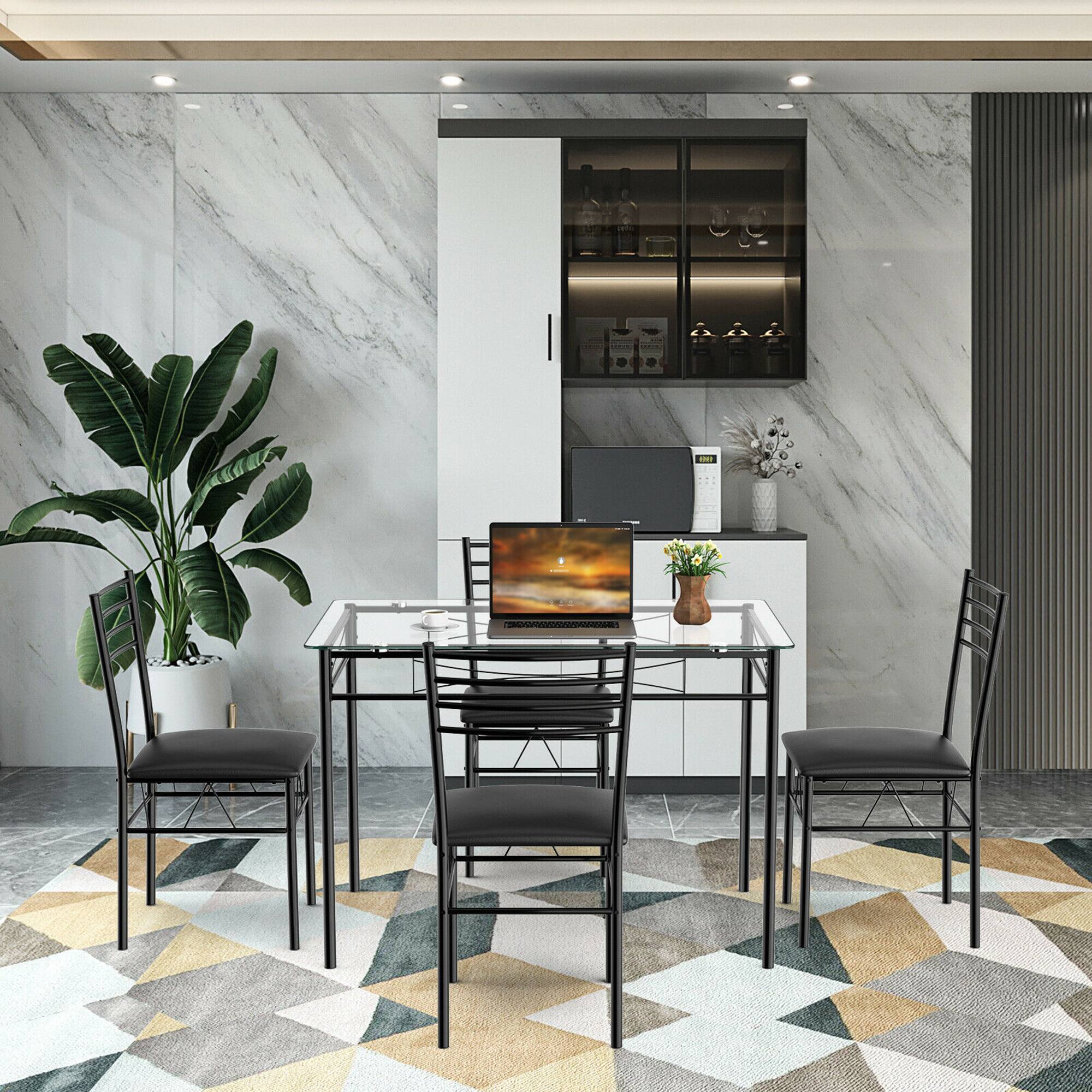 Alt View 4. Costway - 5 Piece Dining Set Glass Top Table & 4 Upholstered Chairs Kitchen Room Furniture - Black.