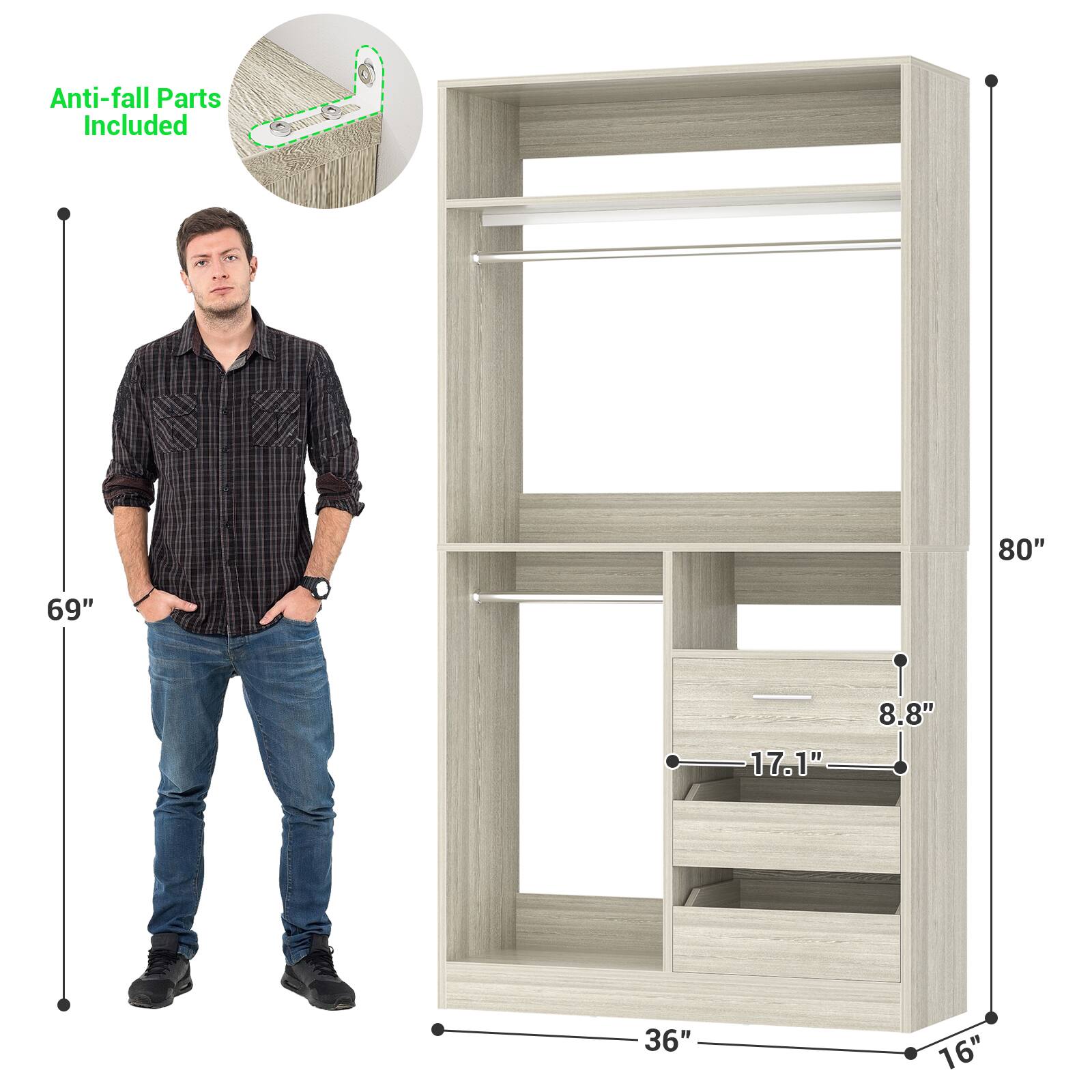 Anti-fall Parts Included

80"  
69"  
17.1"  
8.8"  
36"  
16"