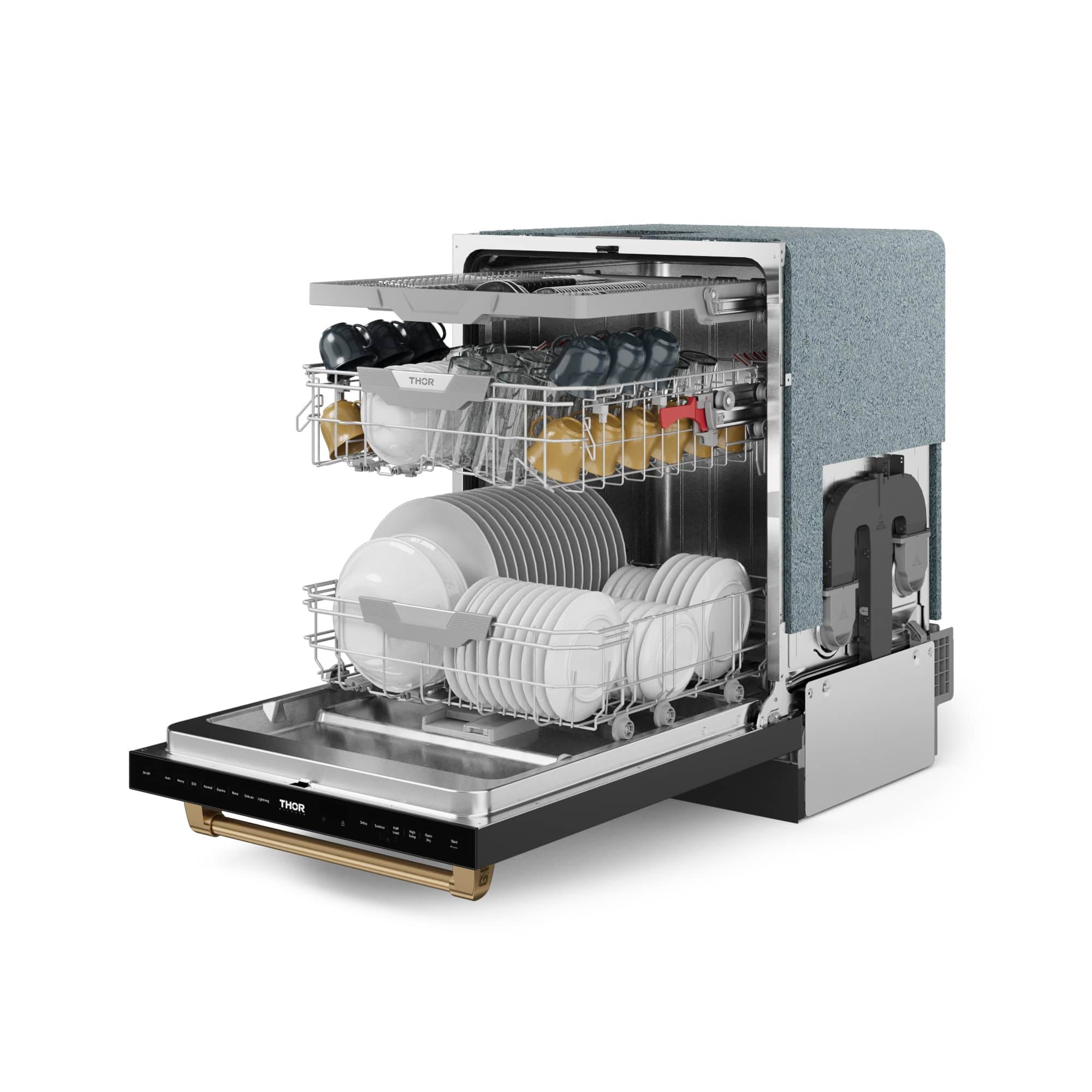 Thor is a brand of dishwasher. The image shows a Thor dishwasher with a clear door, allowing the viewer to see the interior. The dishwasher is filled with dishes, including cups, bowls, and bottles. The dishes are arranged in various compartments within the dishwasher, and the door is open, revealing the dishes inside.