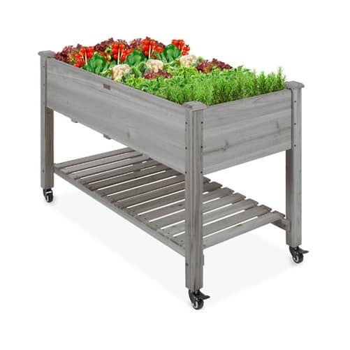 SlickBlue - Raised Garden Bed Planter Box, Grey Wood, Outdoor with Shelf and Locking Wheels - Gray