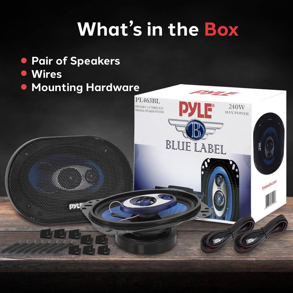 What's in the Box

- Pair of Speakers
- Wires
- Mounting Hardware

PL463BL  
ONE PAIR 6" THREE-WAY SPEAKER SYSTEMS  
240W MAX POWER  
BLUE LABEL  
PYLE  
PYLEAUDIO.COM
