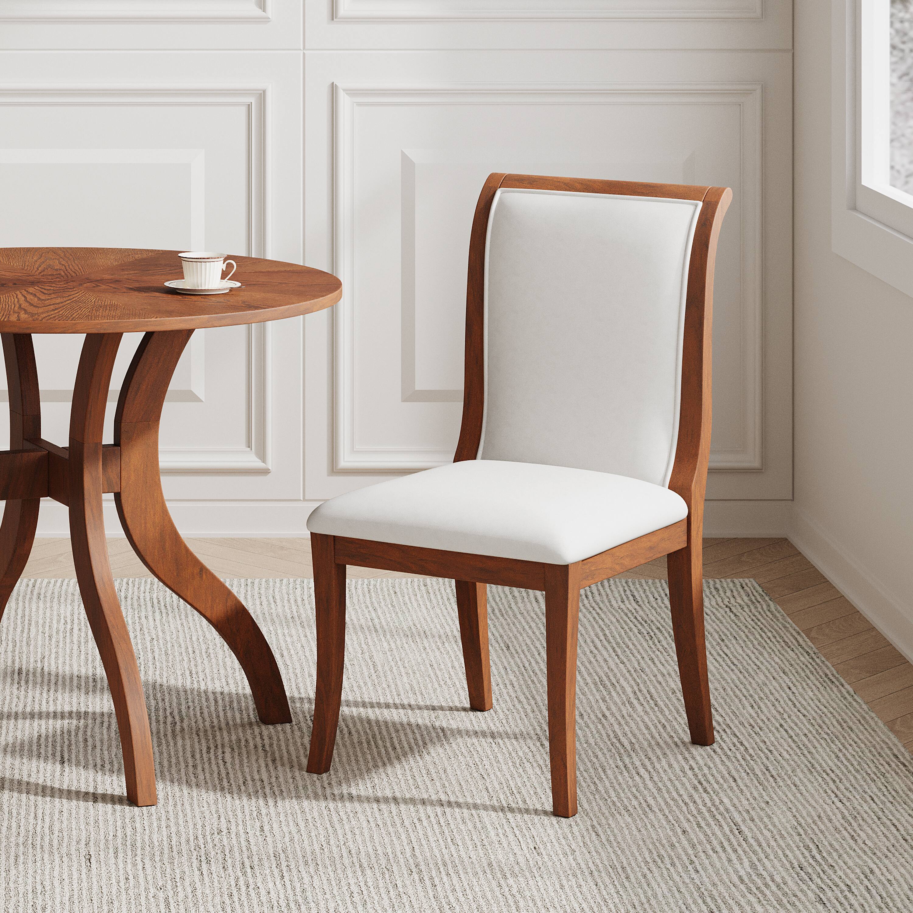 Angle. TinyHomie - Dining Table Set 39.4in Round Table 2 Chairs Traditional Solid Wood Kitchen Set with Inlaid Tabletop Elegant Curved Legs - White and Walnut.
